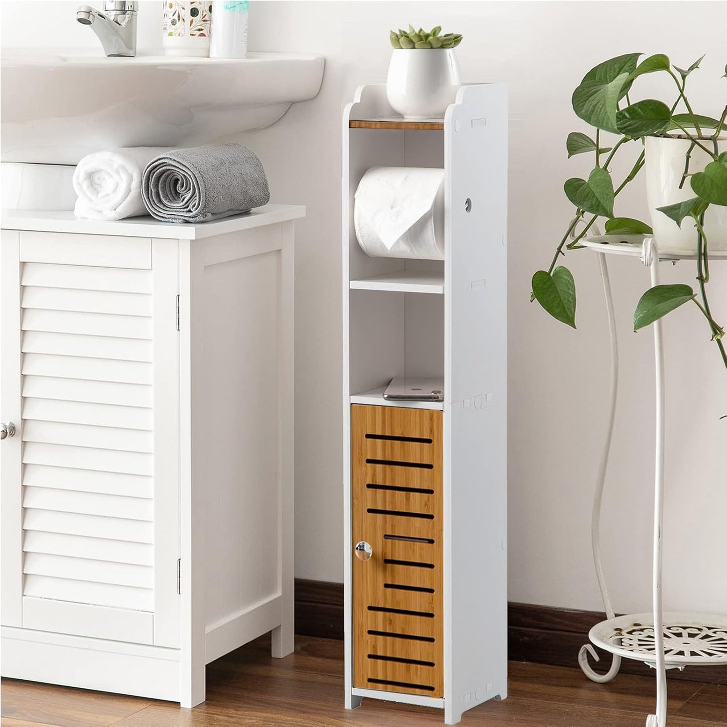 Freestanding Toilet Paper Storage with Phone Holder | Small Bathroom Organiser