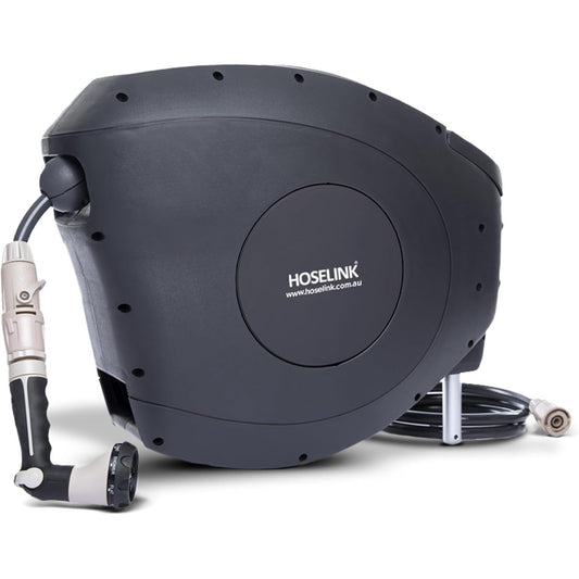 HOSELINK 30M Retractable Garden Hose Reel (Beige), 8-Pattern Spray Nozzle, UV-Stabilized Kink-Free Hose, Wall Mounted Complete Watering Solution for Backyard, Garden & Outdoor