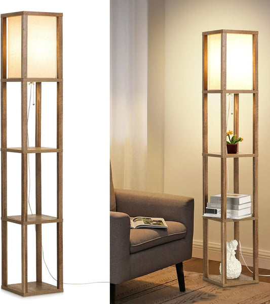 Retro Standing Lamp | Wood Finish & Linen Shade