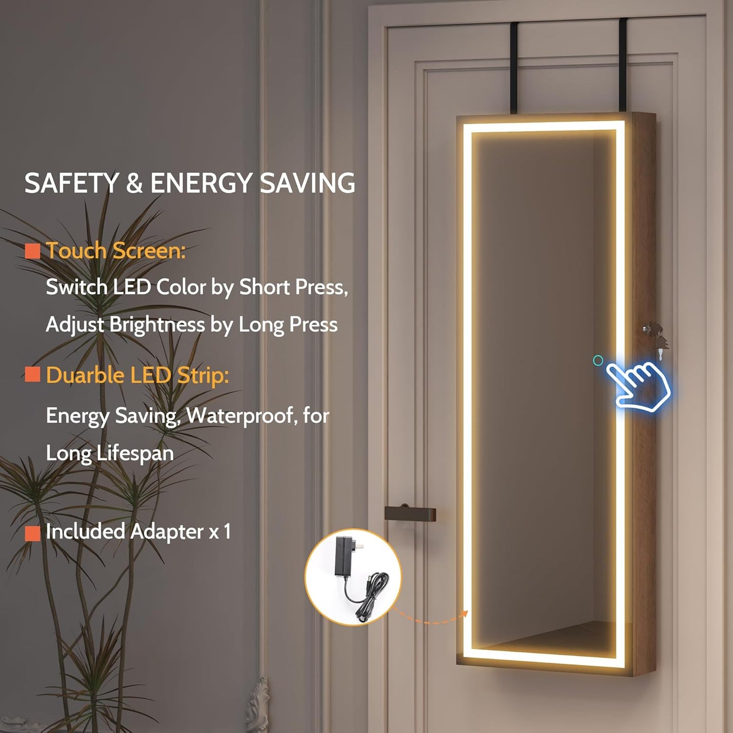 Freestanding Full-Length Mirror Jewelry Cabinet – 3-in-1 Organizer with LED Lights, Shelves & Lockable Design