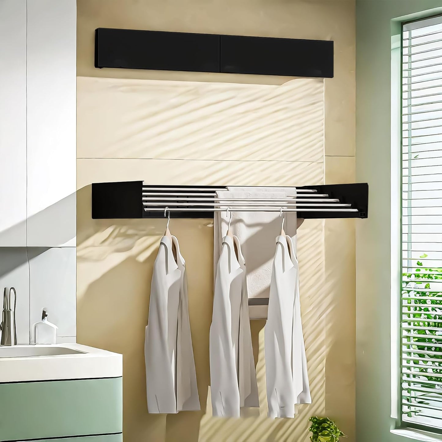 Laundry Drying Rack Collapsible, Wall Mounted, Clothes Drying Rack, 31.5" Wide, 13.1 Linear Ft, 5 Aluminum Rods, 45 lb Capacity, with Wall Template, Screwdriver Bit(White)
