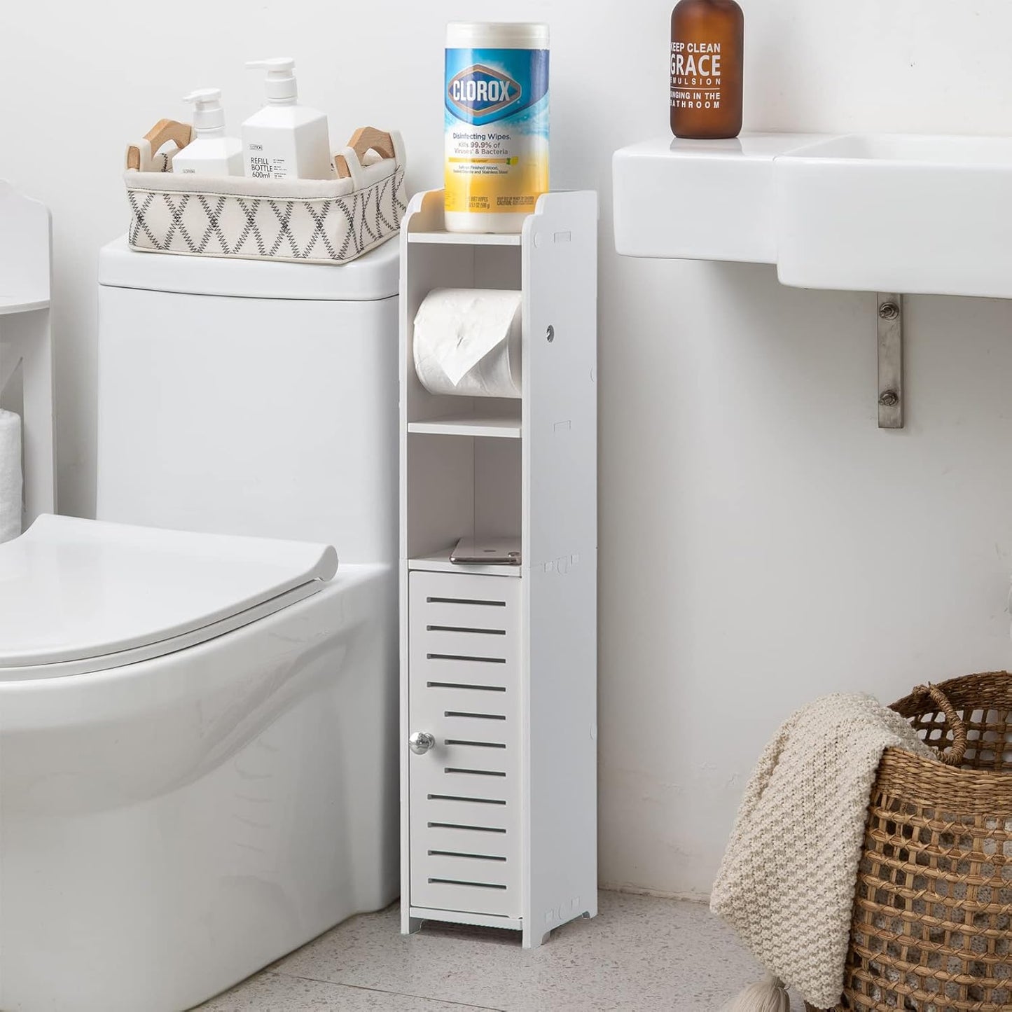 Freestanding Toilet Paper Storage with Phone Holder | Small Bathroom Organiser