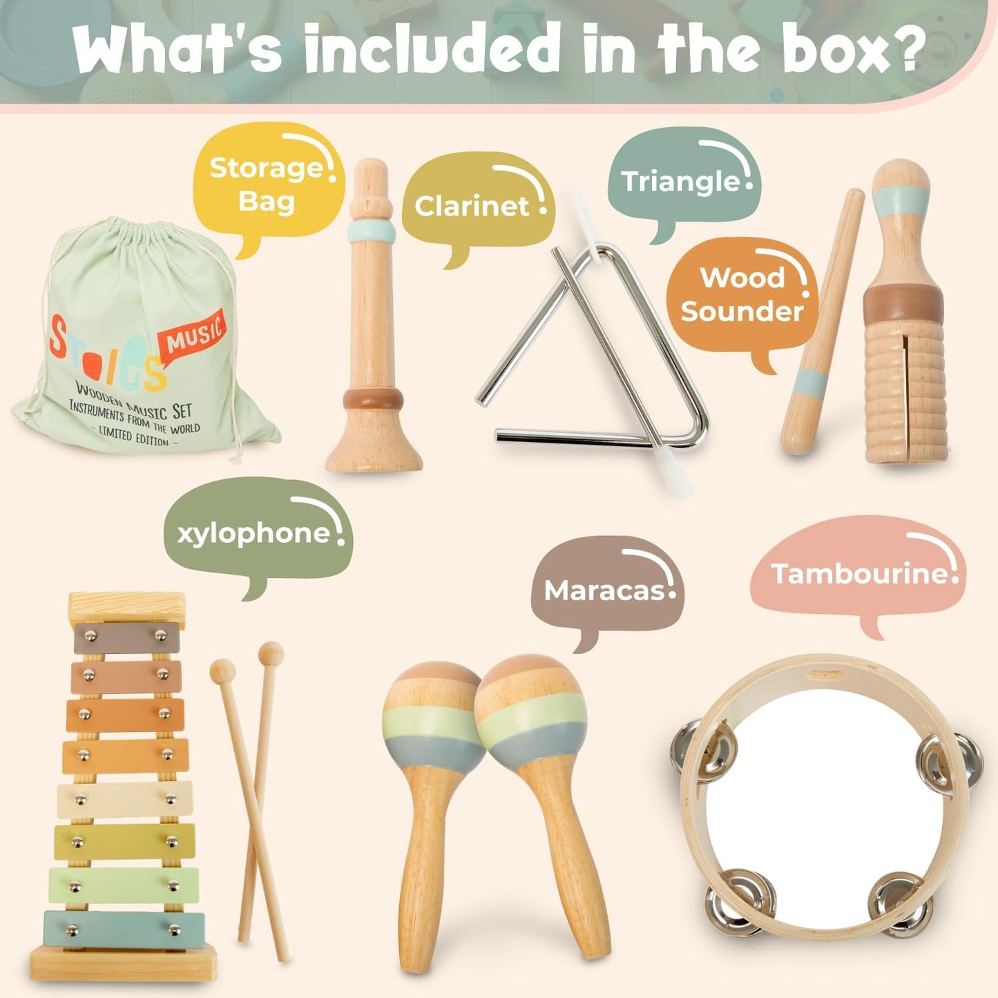 Stoie's Wooden Musical Instruments for Toddlers 1-3, Montessori Music Toys for 1 Year Old, with Xylophone, Tambourine and Maracas, Educational Development and Creativity, Baby Musical Instruments