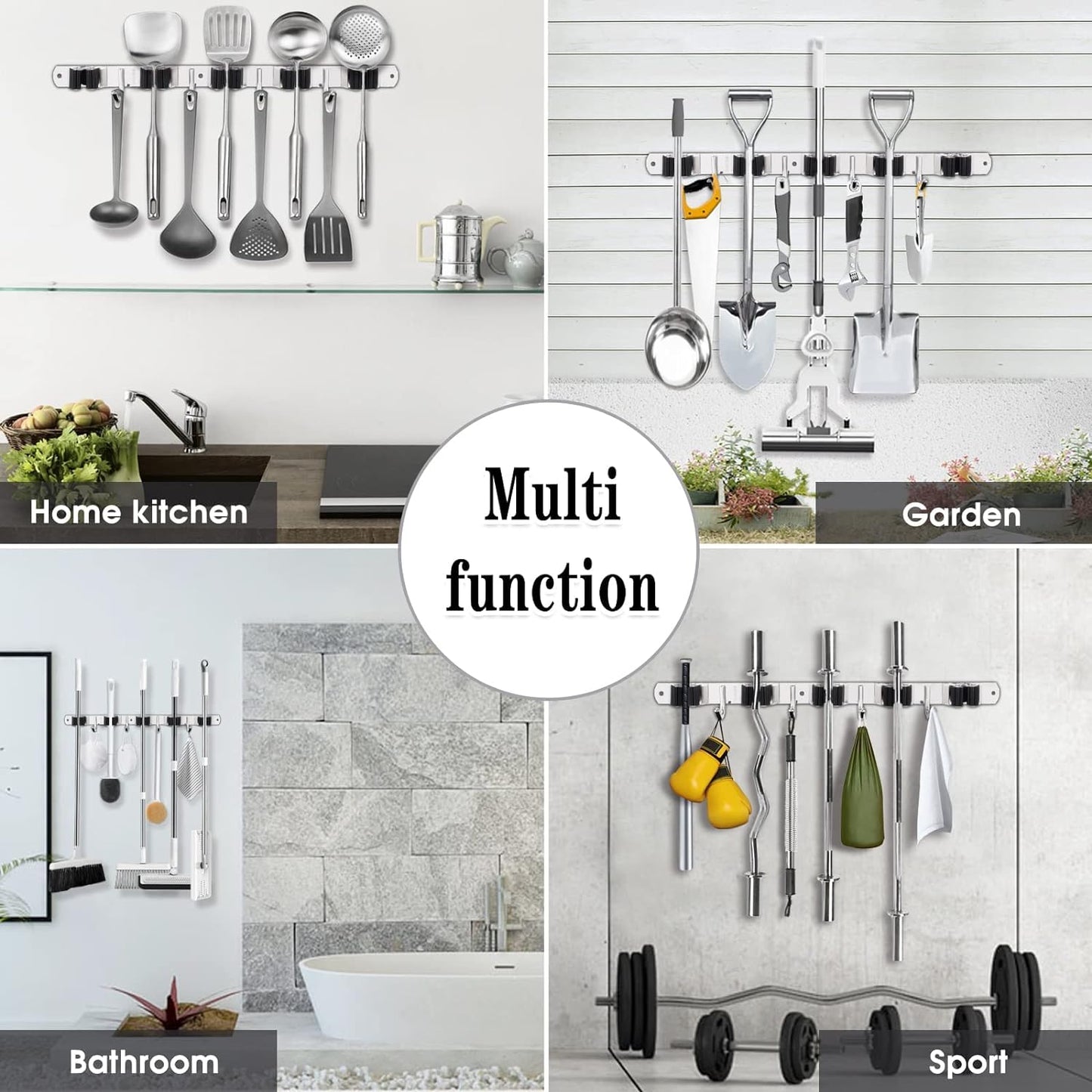 5 Racks and 4 Hooks Mop and Broom Holder Wall Mount, Broom Organizer Storage Tool Racks Stainless Steel Heavy Duty Hooks Self Adhesive Solid Non-slip for Home Kitchen Garden Laundry Garage