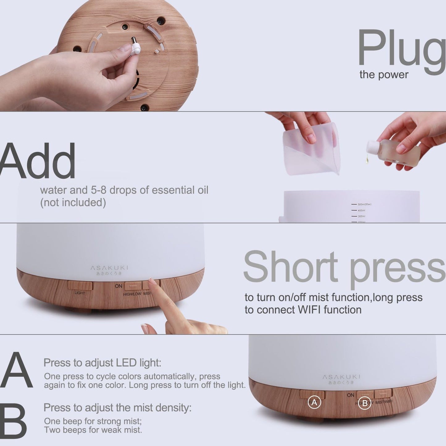 ASAKUKI 500ml Essential Oil Diffuser, 5 in 1 Ultrasonic Aromatherapy Fragrant Oil Diffusers, Vaporizer Humidifier with Remote Control, Timer, Auto-Off Safety Switch, 7 LED Light Colors