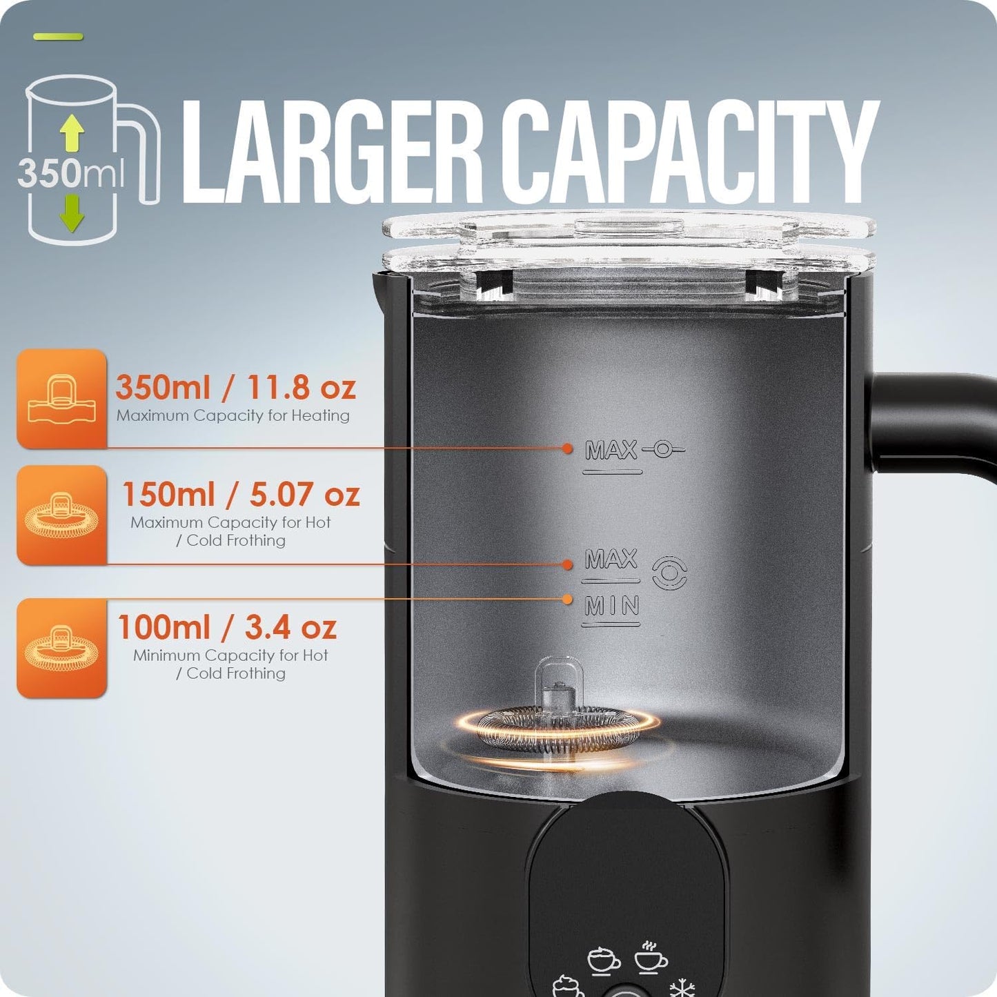 Milk Frother, Electric Milk Frother and Steamer 4 in 1 Automatic Coffee Steamer Frother, 11.8OZ / 350ML Warm and Cold Foam Frother for Coffee (Black)