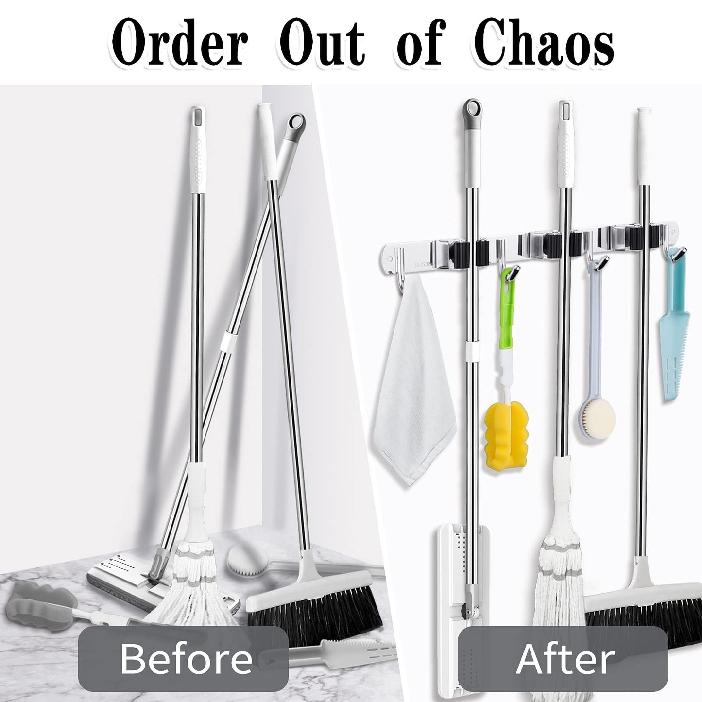 5 Racks and 4 Hooks Mop and Broom Holder Wall Mount, Broom Organizer Storage Tool Racks Stainless Steel Heavy Duty Hooks Self Adhesive Solid Non-slip for Home Kitchen Garden Laundry Garage