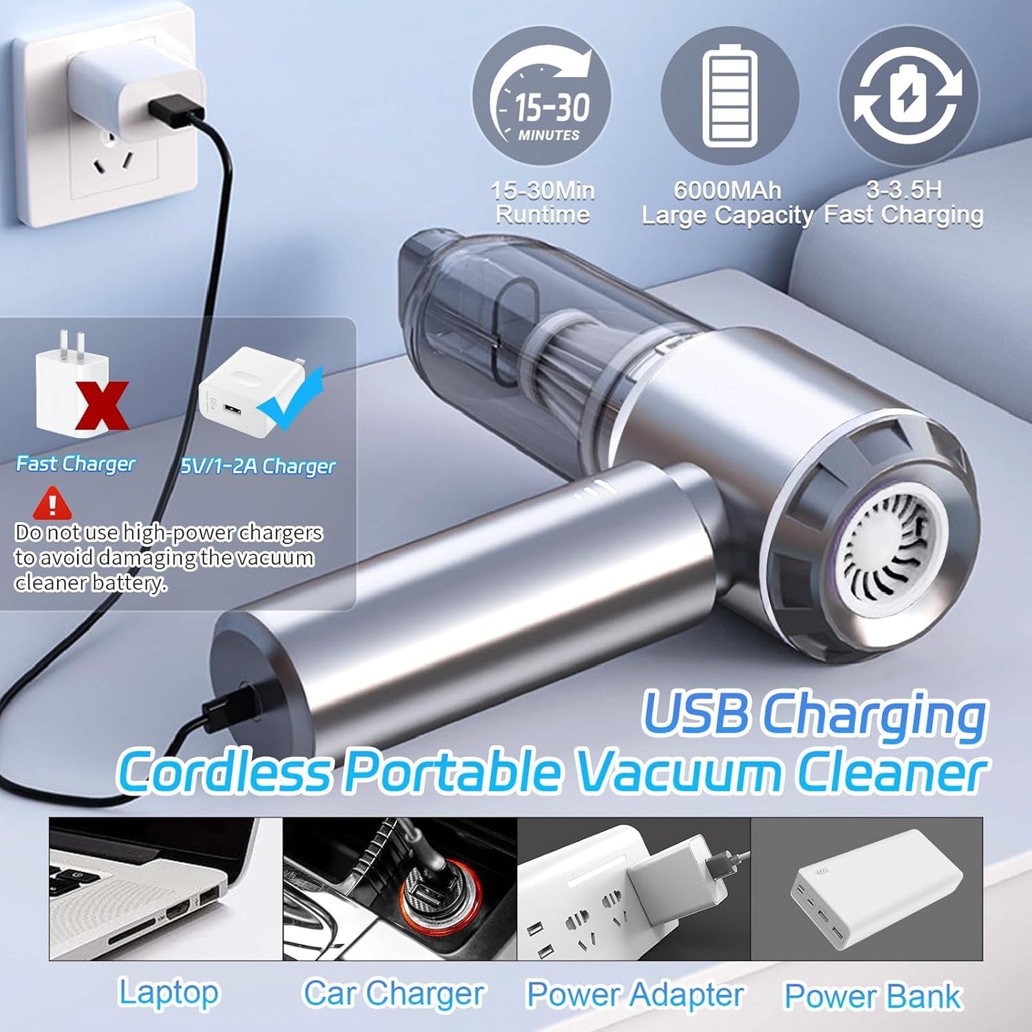 Car Vacuum Cleaner Cordless, Handheld Vacuum 22000PA High Power Suction, 4-in-1 Compressed Air Duster & Air Blower & Pump, Portable Vacuum Cleaner with 3 Gears for Home, Pet, Keyboard (Grey)