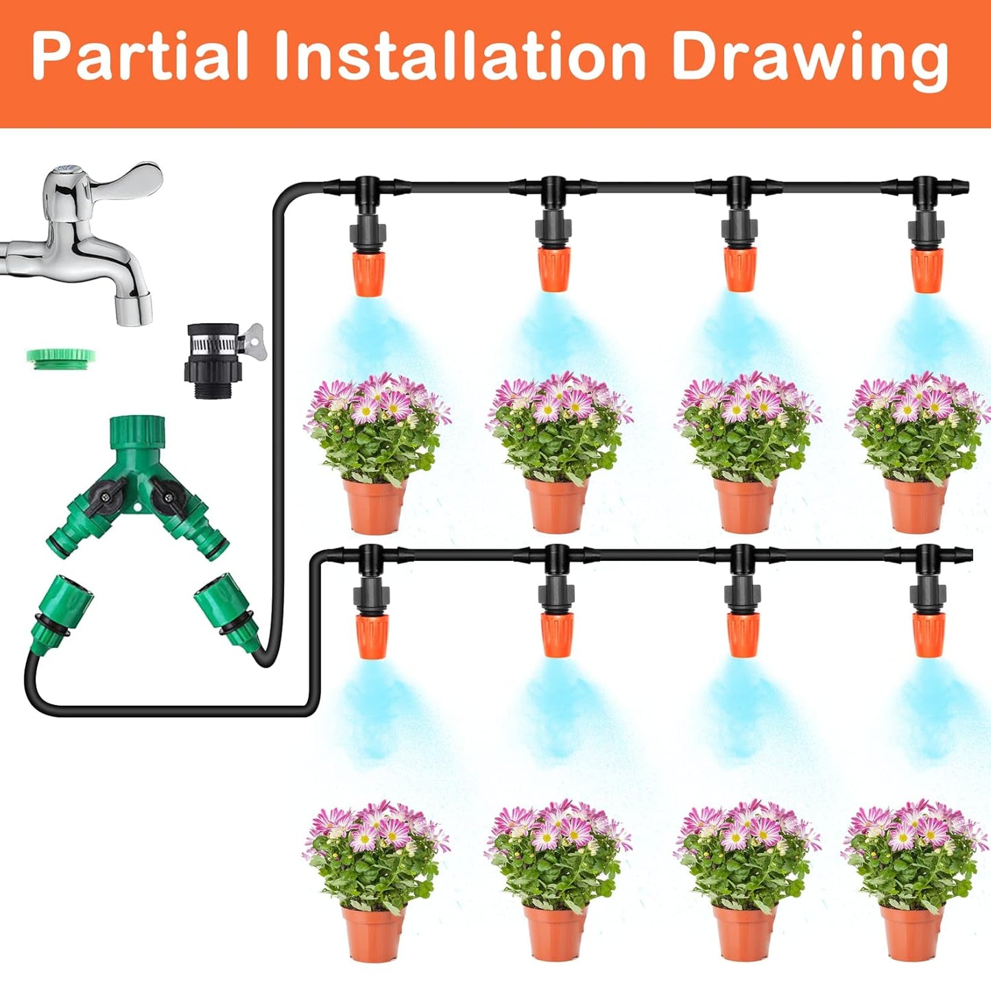 Tivddikun Drip Irrigation Kit, 360° Bendable Watering System with 49FT/15M Drip Irrigation Hose, 20 T-joints, 15 Adjustable Brass Misting Nozzles, 10 Fixed Stems, Anti-blocked Universal Faucet Adapter