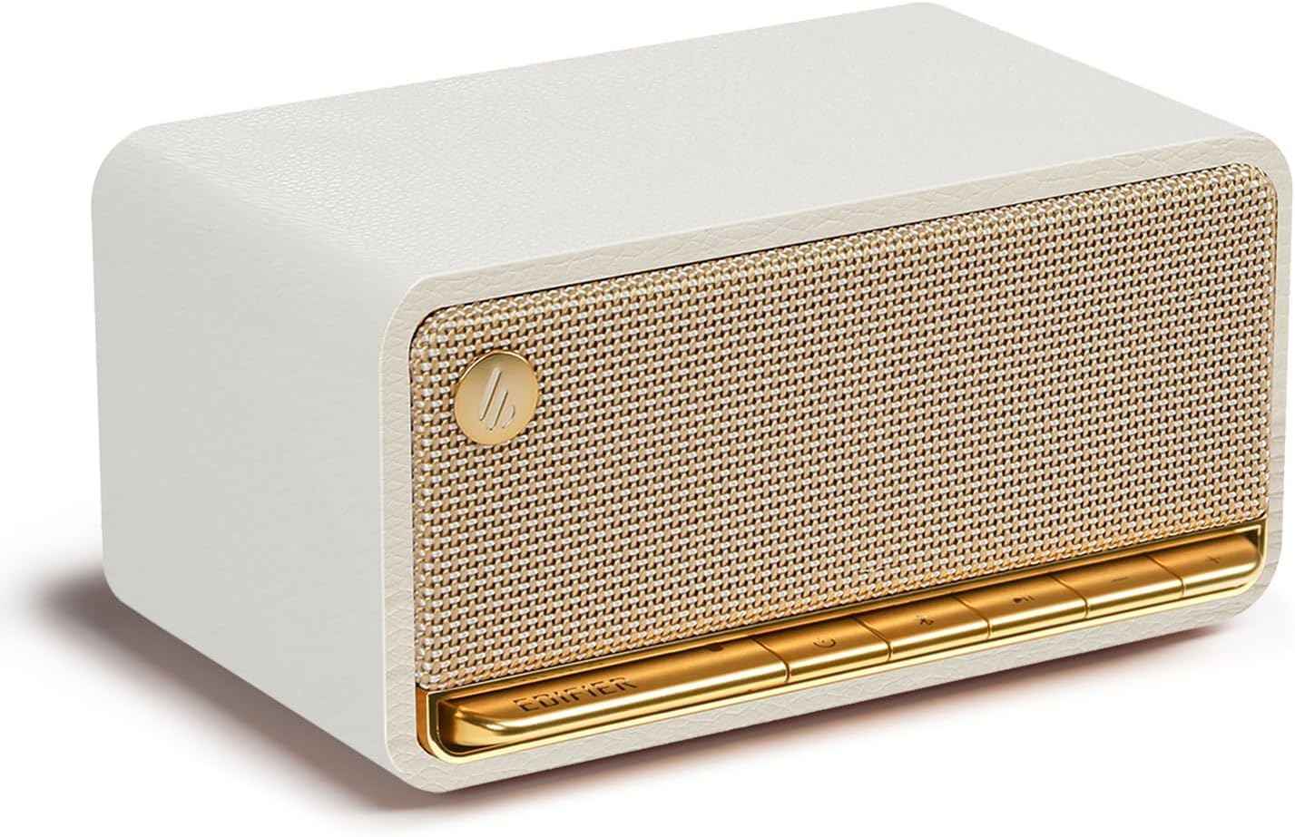 A beige Edifier MP230 portable Bluetooth speaker with a wooden finish and piano-like key buttons, placed against a white background.