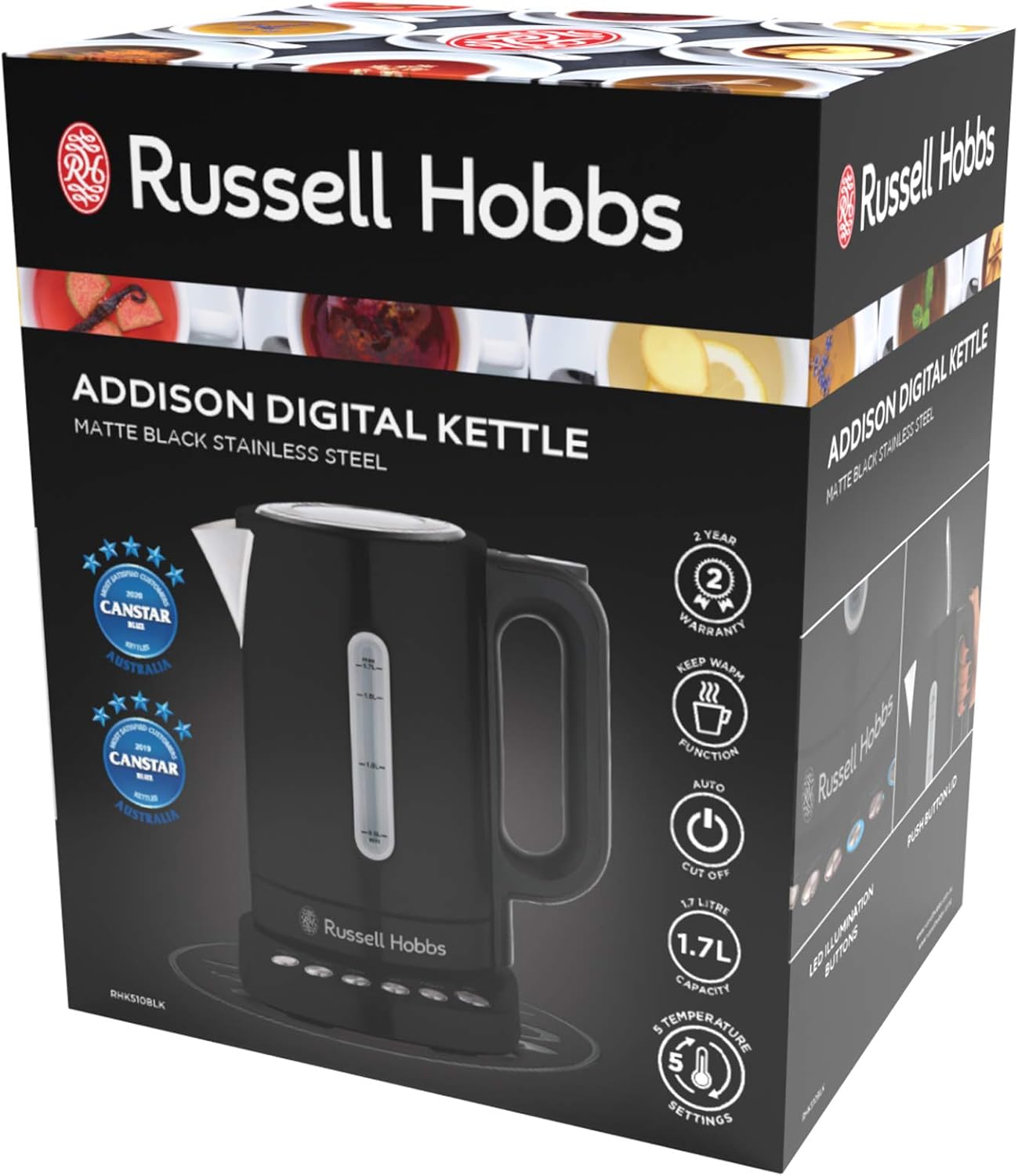 Russell Hobbs RHK510 Addison Kettle, 5 Temperature Settings, 1.7 L Capacity, Easy to Clean, Silver