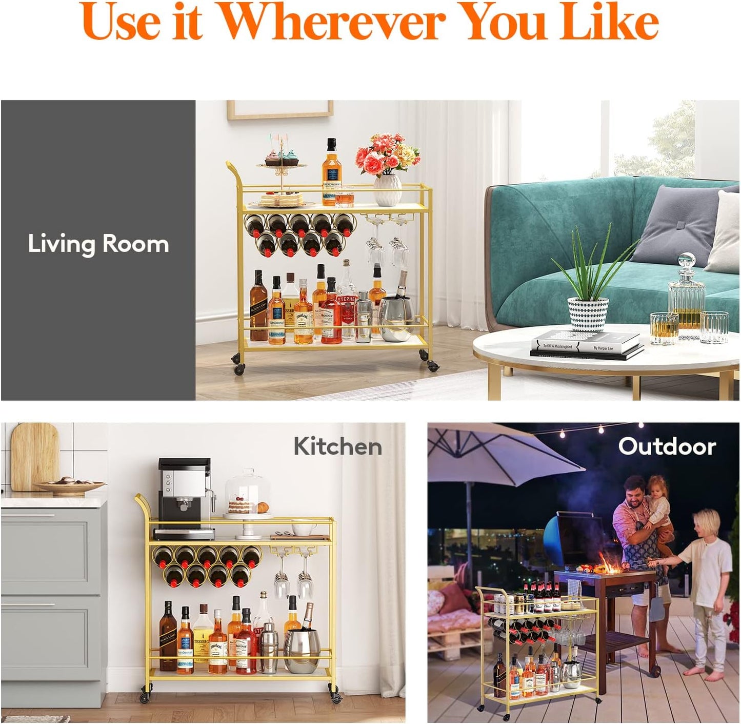 Drinks Trolley on Wheels | Gold 2-Tier Bar Cart with Wine Racks