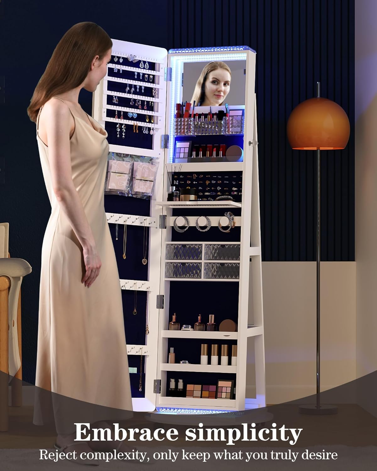 Freestanding Full-Length Mirror Jewelry Cabinet – 3-in-1 Organizer with LED Lights, Shelves & Lockable Design