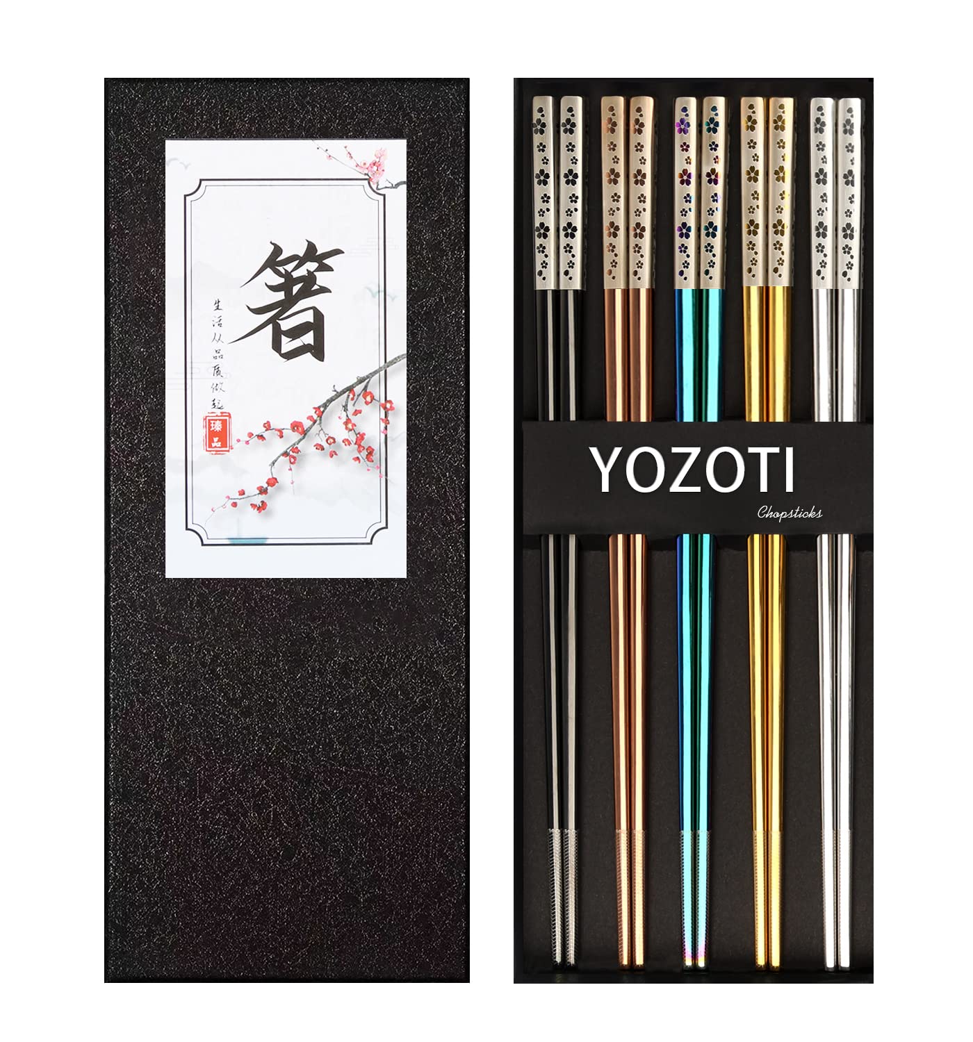 YOZOTI Stainless Steel Chopsticks, Silver Reusable Chopsticks, 5 Pairs Dishwasher Safe Metal Chopsticks, Easy to Use, Square Lightweight Chop Sticks, Gift Set (Silver)