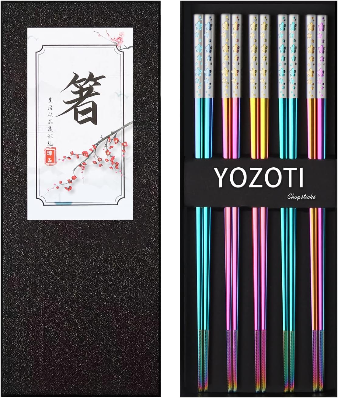 YOZOTI Stainless Steel Chopsticks, Silver Reusable Chopsticks, 5 Pairs Dishwasher Safe Metal Chopsticks, Easy to Use, Square Lightweight Chop Sticks, Gift Set (Silver)