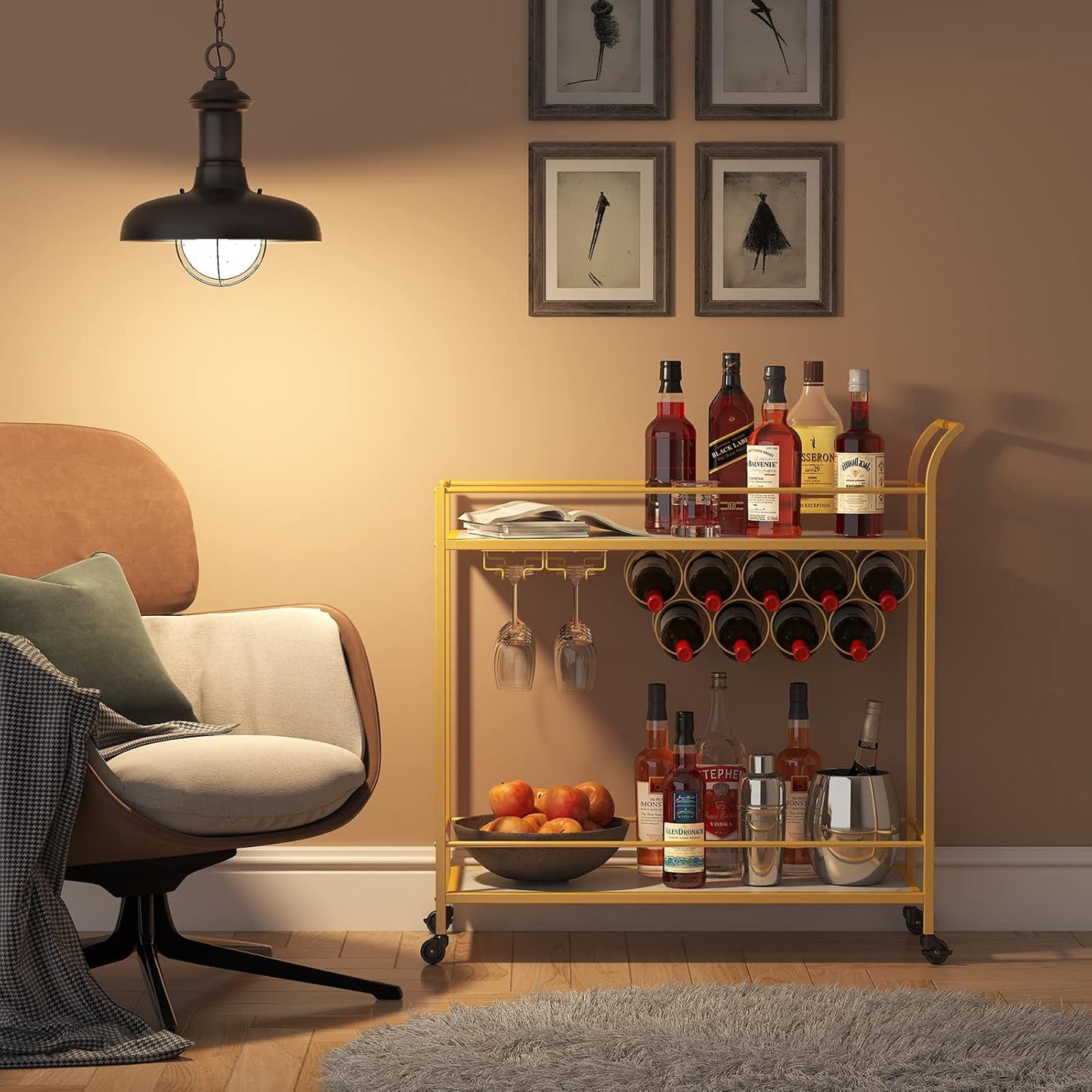 Drinks Trolley on Wheels | Gold 2-Tier Bar Cart with Wine Racks