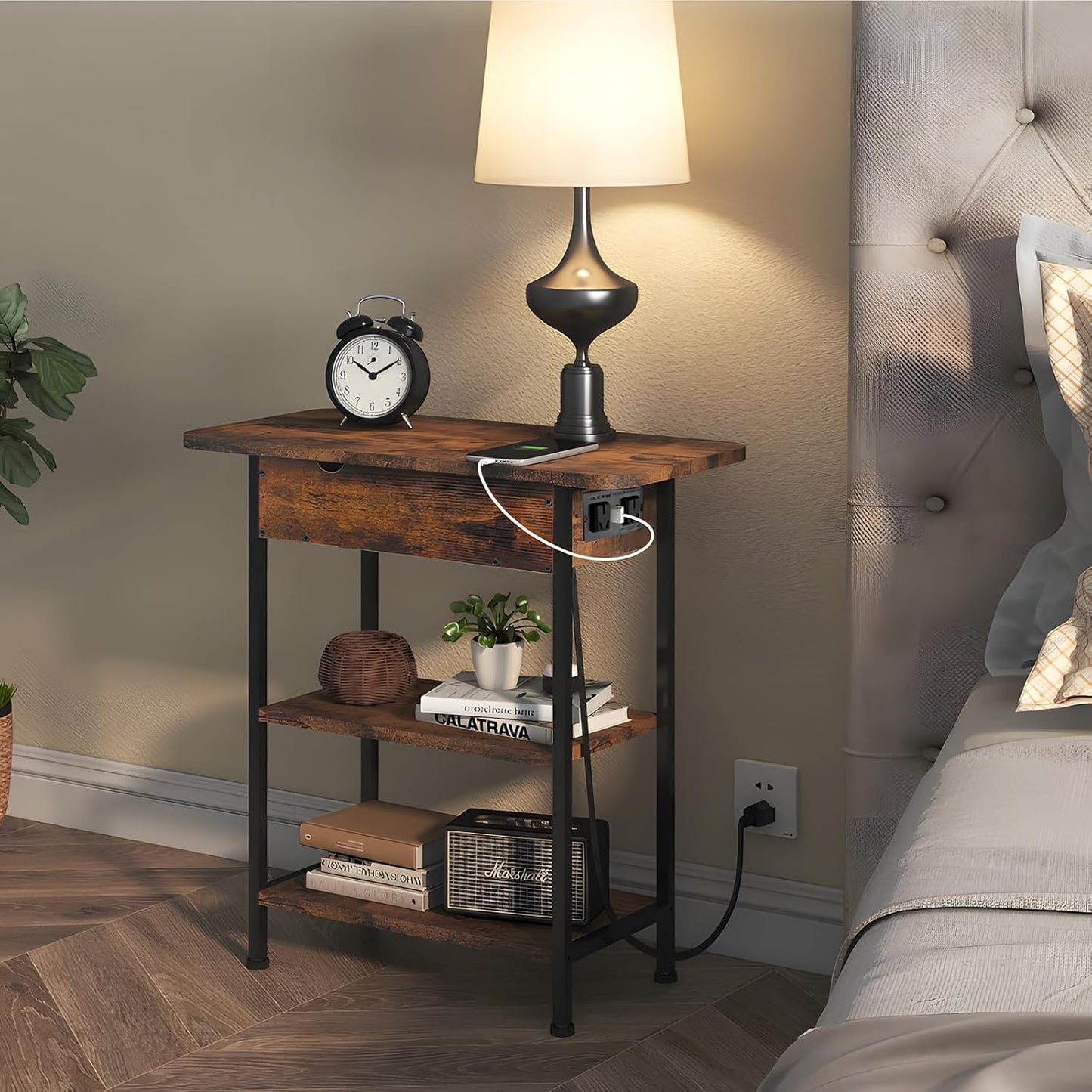 Side Table with Charging Station(Upgraded), End Table with USB Ports and Outlets, Nightstand for Small Spaces, Bedside Tables with Storage Shelf for Living Room, Bedroom, Brown