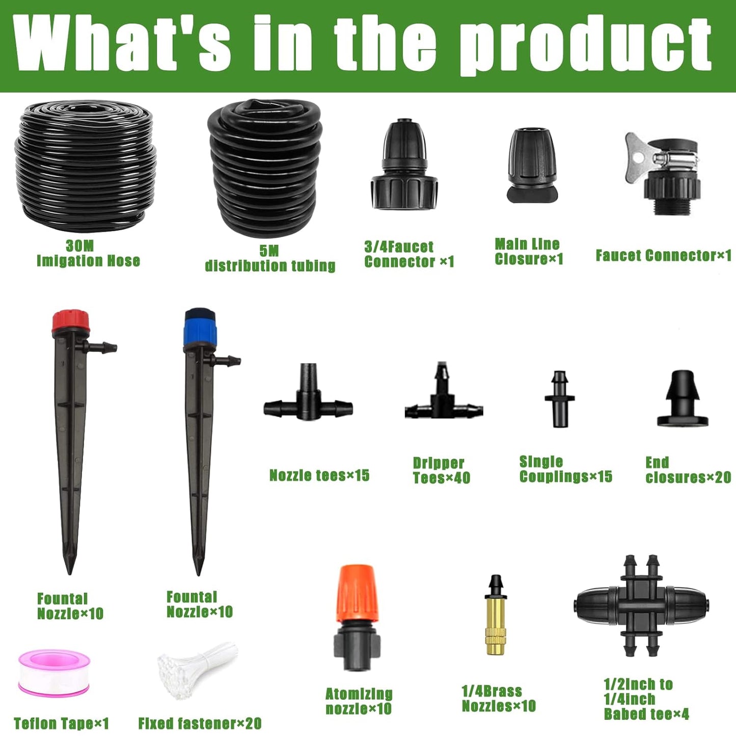 Tivddikun Drip Irrigation Kit, 360° Bendable Watering System with 49FT/15M Drip Irrigation Hose, 20 T-joints, 15 Adjustable Brass Misting Nozzles, 10 Fixed Stems, Anti-blocked Universal Faucet Adapter