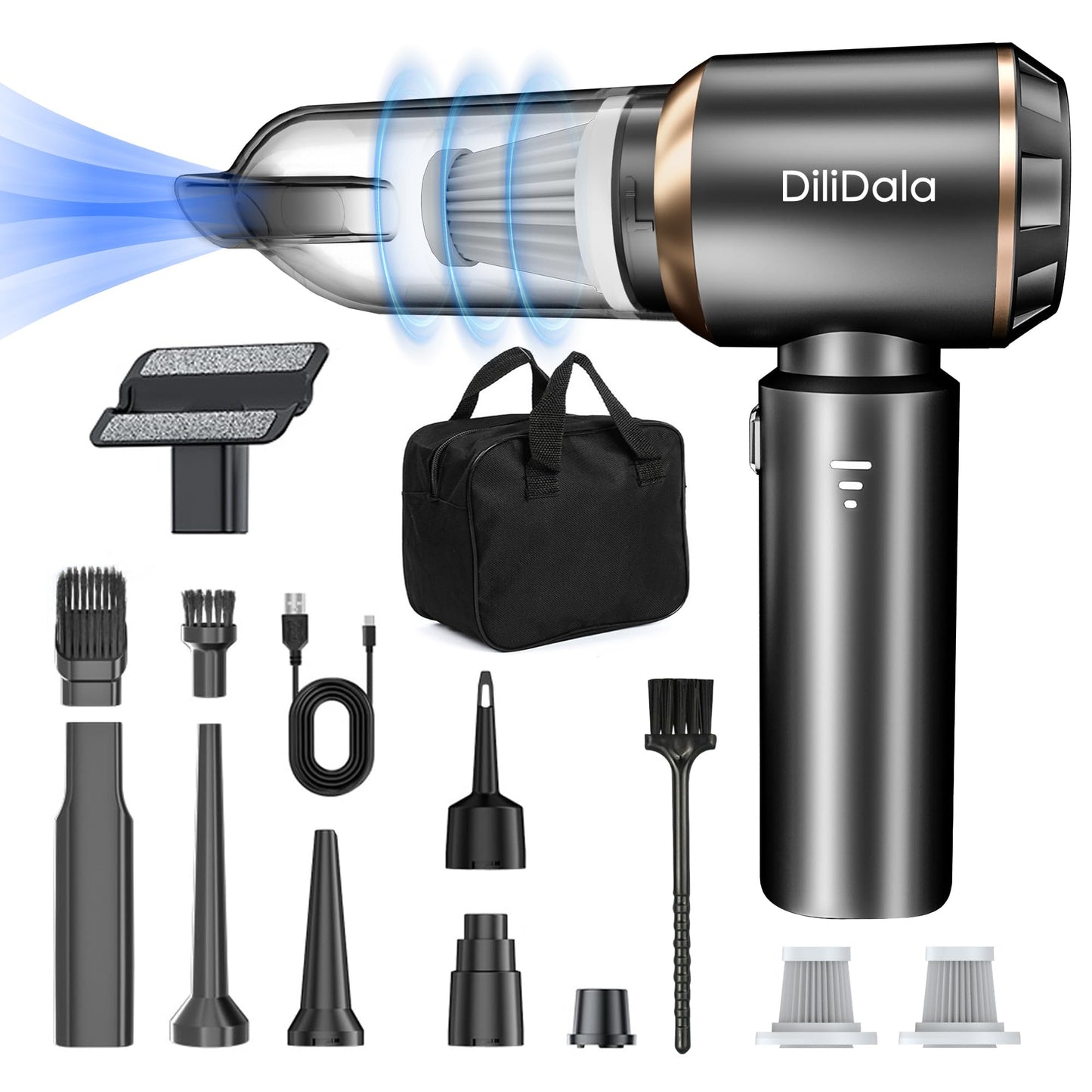 Car Vacuum Cleaner Cordless, Handheld Vacuum 22000PA High Power Suction, 4-in-1 Compressed Air Duster & Air Blower & Pump, Portable Vacuum Cleaner with 3 Gears for Home, Pet, Keyboard (Grey)