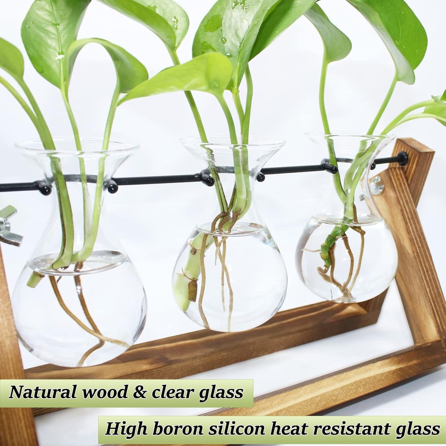 laffeya Plants Propagation Stations, Hydroponic Terrarium Kit- Desktop Glass Flower Planter 3 Glass Vase with Wood Stands for Home Office Decor, Plant Gifts for Plant Lovers (3 Bulb Vase C, Beige)