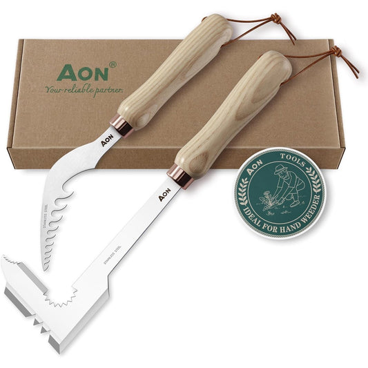 aon 2 Pack Hand Crack Weeder Puller Tool Set - Made with Heat Treated Steel and Ash Wood Ergonomic Handles, Weeding Tools Ideal for Gardens and Patio Lawns to Effectively Pull Out Weeds & Their Roots