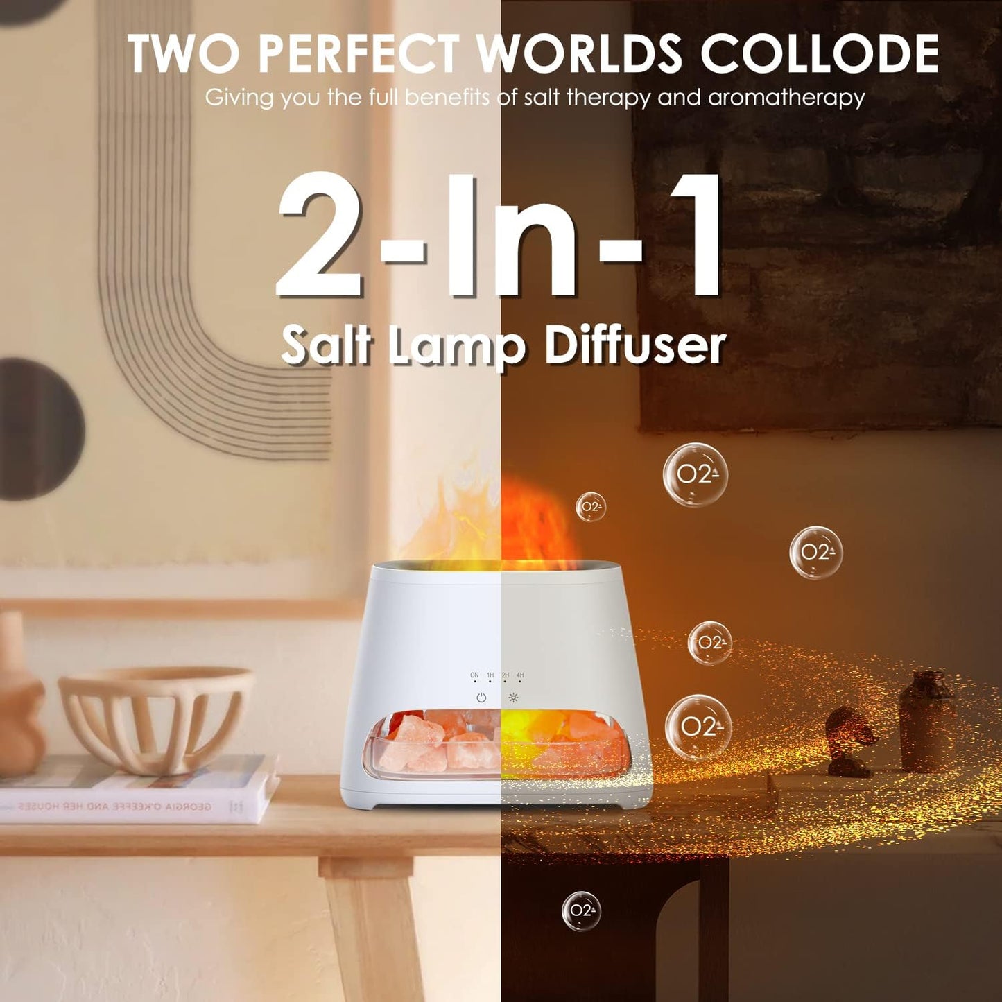 SALKING 2-in-1 Essential Oil Diffuser & Crystal Himalayan Salt Lamp, Ultrasonic Aromatherapy Diffuser with Timer Setting, Auto-Off Safety Switch, Cool Mist, Flame Effect, Night Light, 150ml
