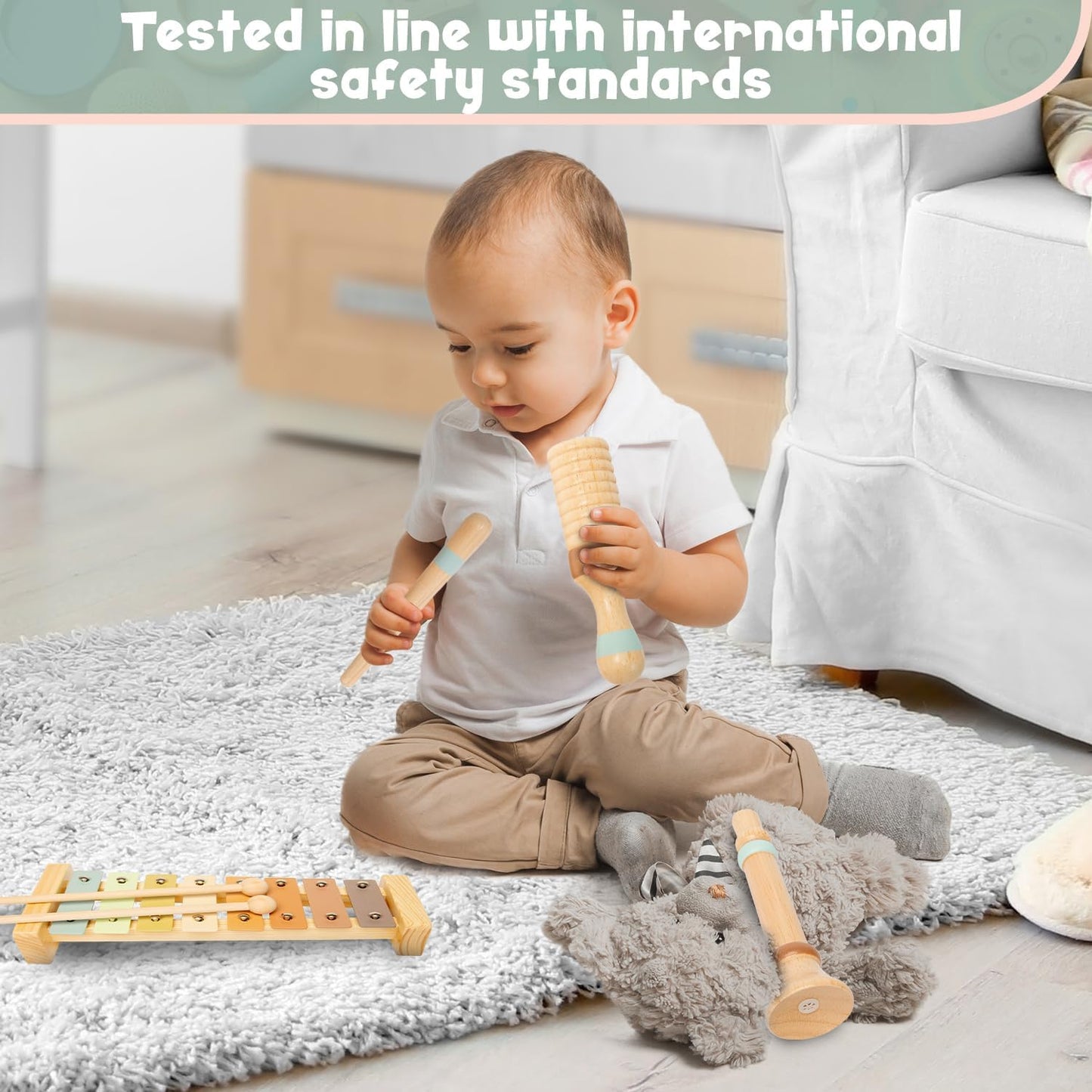 Stoie's Wooden Musical Instruments for Toddlers 1-3, Montessori Music Toys for 1 Year Old, with Xylophone, Tambourine and Maracas, Educational Development and Creativity, Baby Musical Instruments