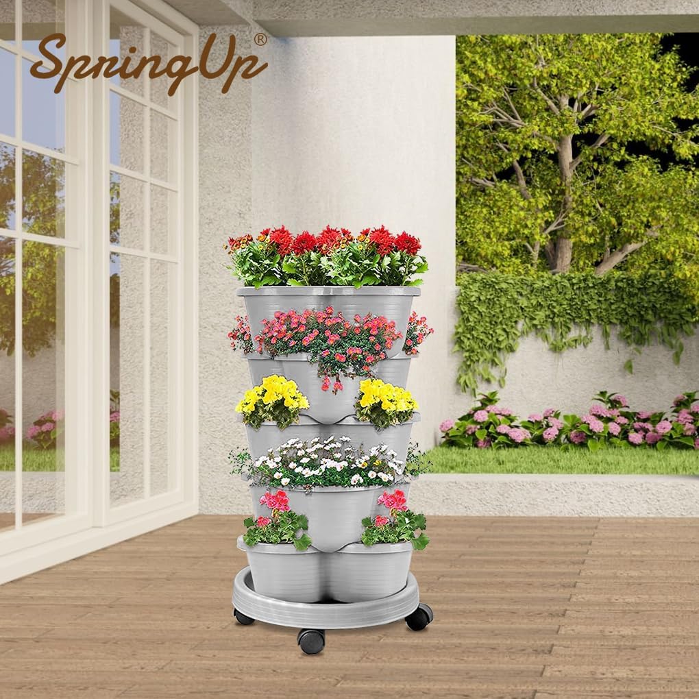 SpringUp 5 Tier Vertical Garden Strawberry Stackable Planters Herbs Petunias Pancy, Vegetable Planter Indoor Outdoor Gardening Pots with Removable Wheels and Tools (White)