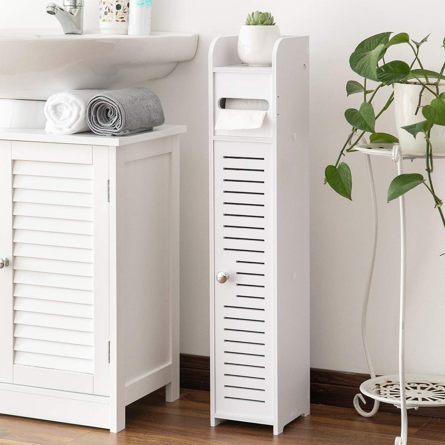 Freestanding Toilet Paper Storage with Phone Holder | Small Bathroom Organiser