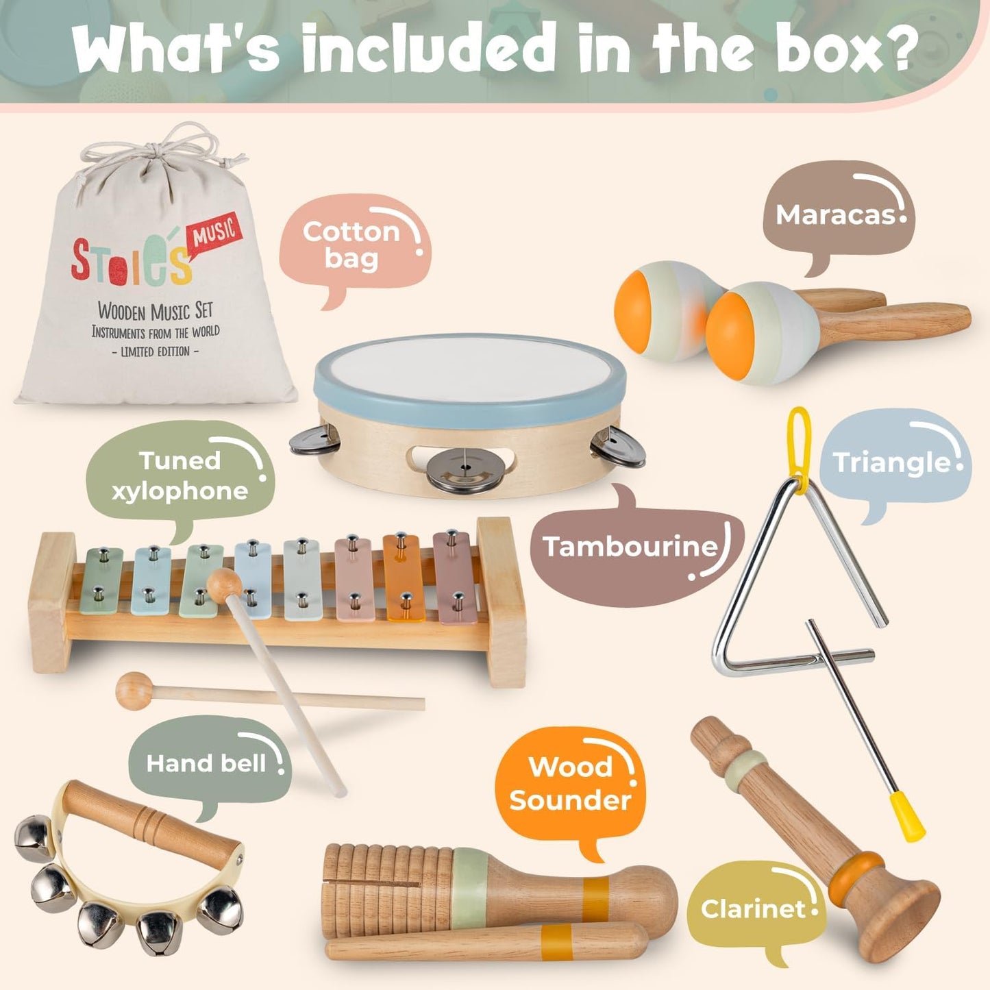 Stoie's Wooden Musical Instruments for Toddlers 1-3, Montessori Music Toys for 1 Year Old, with Xylophone, Tambourine and Maracas, Educational Development and Creativity, Baby Musical Instruments