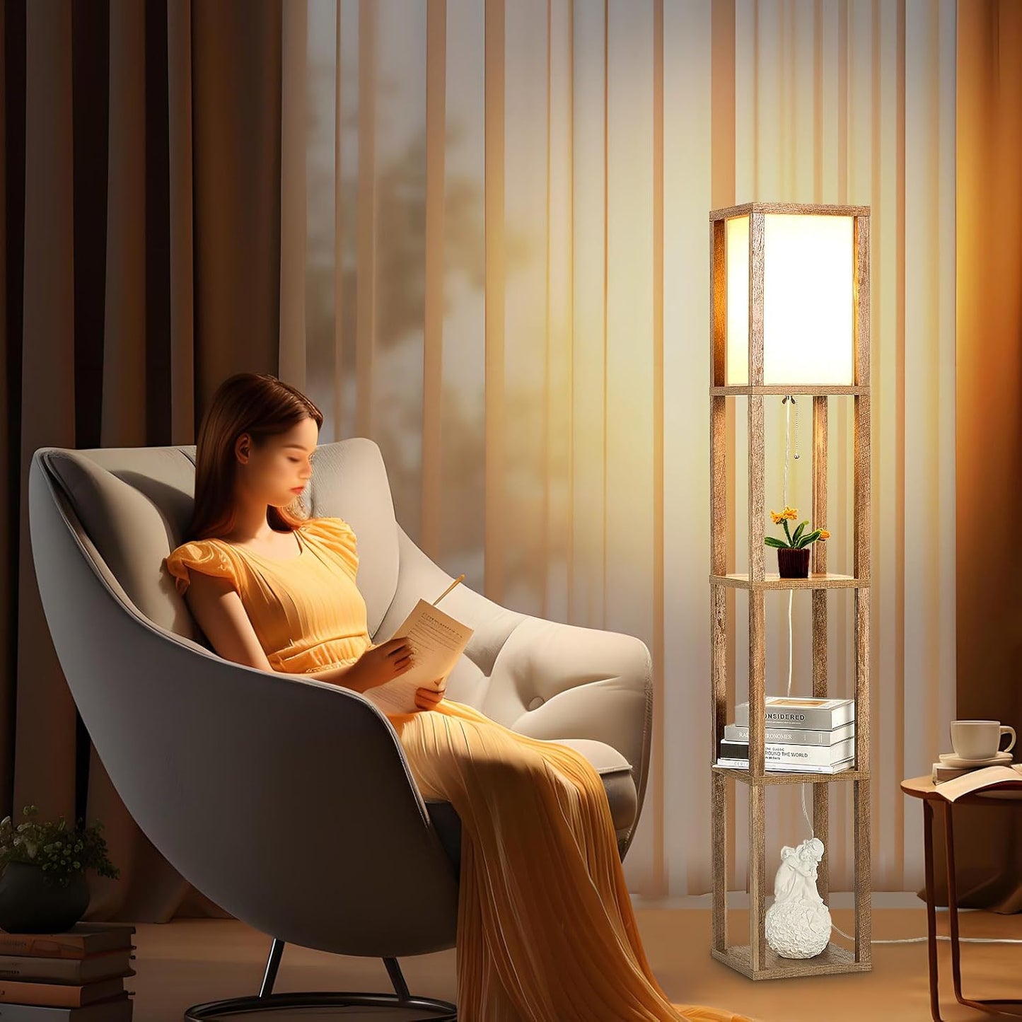 Retro Standing Lamp | Wood Finish & Linen Shade