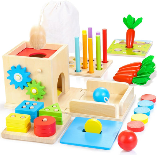 Kizfarm Wooden Montessori Baby Toys, 8-in-1 Wooden Play Kit Includes Object Permanent Box, Coin Box, Carrot Harvest, Shape Sorting & Stacking - Montessori Toys for Boys Girls Toddlers