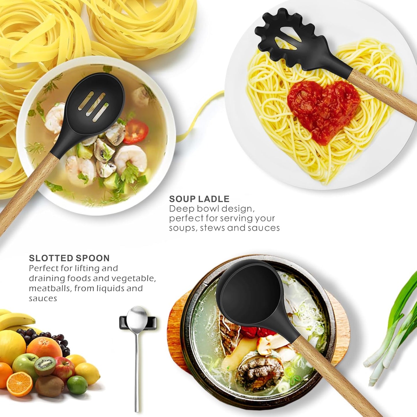 14-Piece Silicone Kitchen Utensil Set with Wooden Handles
