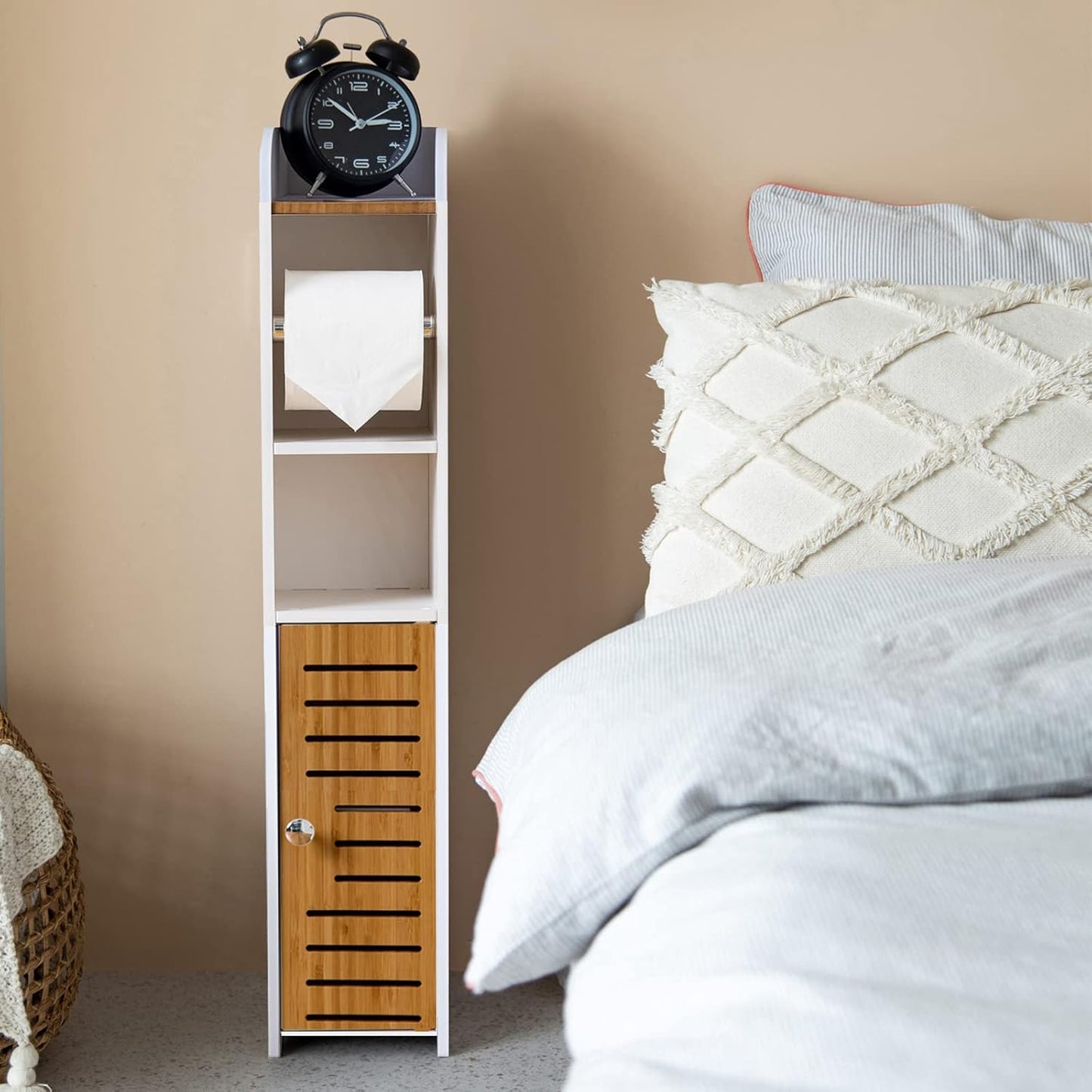 Freestanding Toilet Paper Storage with Phone Holder | Small Bathroom Organiser