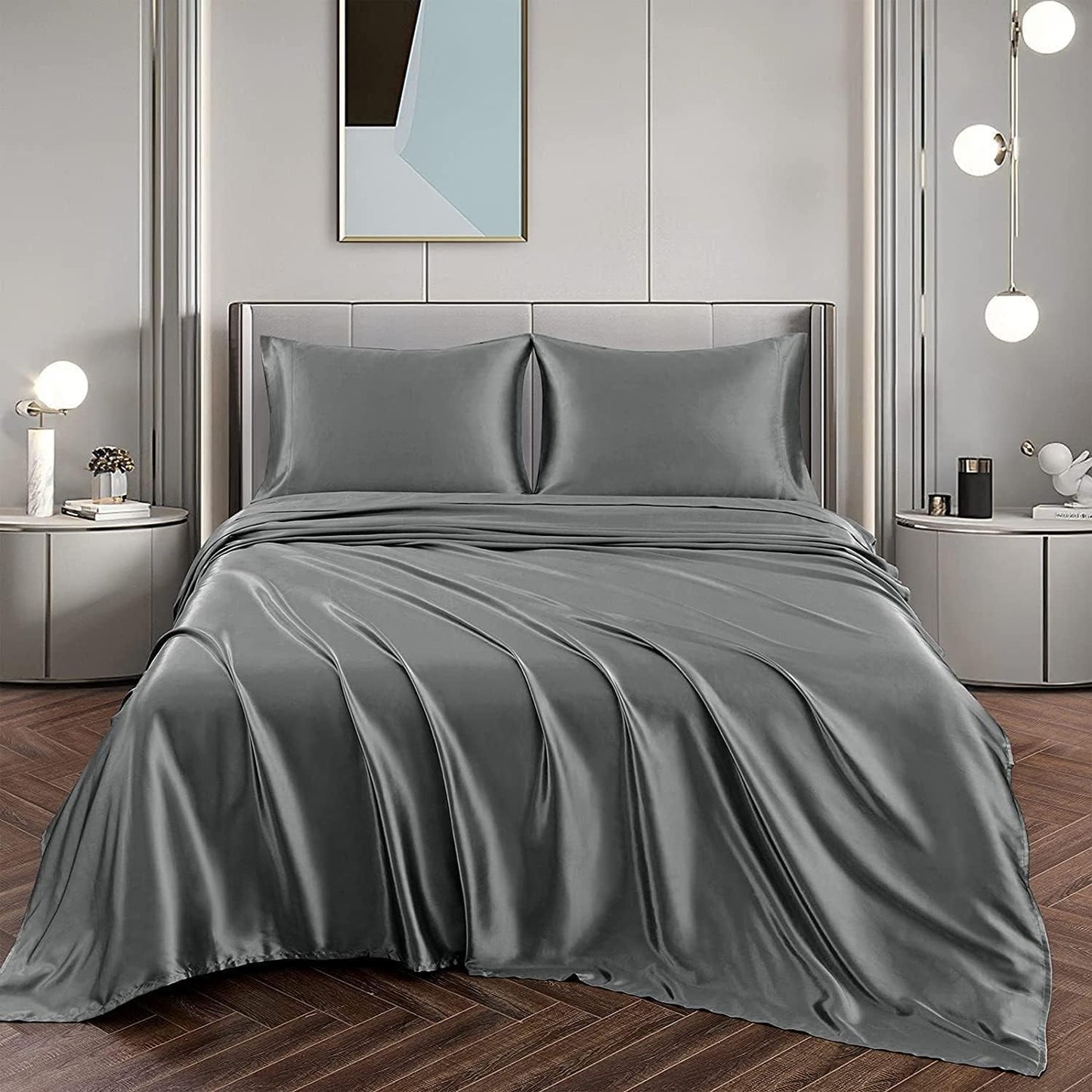 ForZzz 2000TC Art Silk Satin Queen Sheet Set Hotel 4 Pieces Fitted/Flat Sheet Bedding Set(Black,Queen)