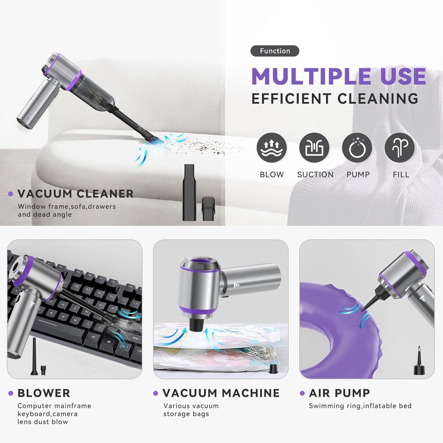 Car Vacuum Cleaner Cordless, Handheld Vacuum 22000PA High Power Suction, 4-in-1 Compressed Air Duster & Air Blower & Pump, Portable Vacuum Cleaner with 3 Gears for Home, Pet, Keyboard (Grey)