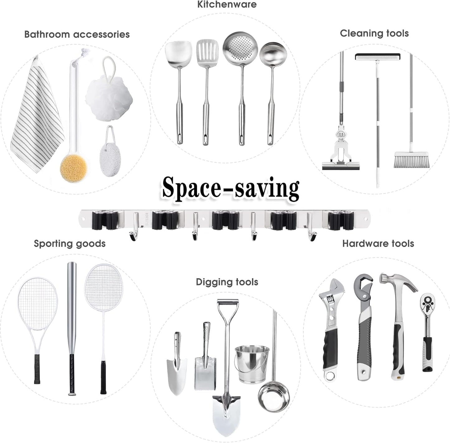 5 Racks and 4 Hooks Mop and Broom Holder Wall Mount, Broom Organizer Storage Tool Racks Stainless Steel Heavy Duty Hooks Self Adhesive Solid Non-slip for Home Kitchen Garden Laundry Garage