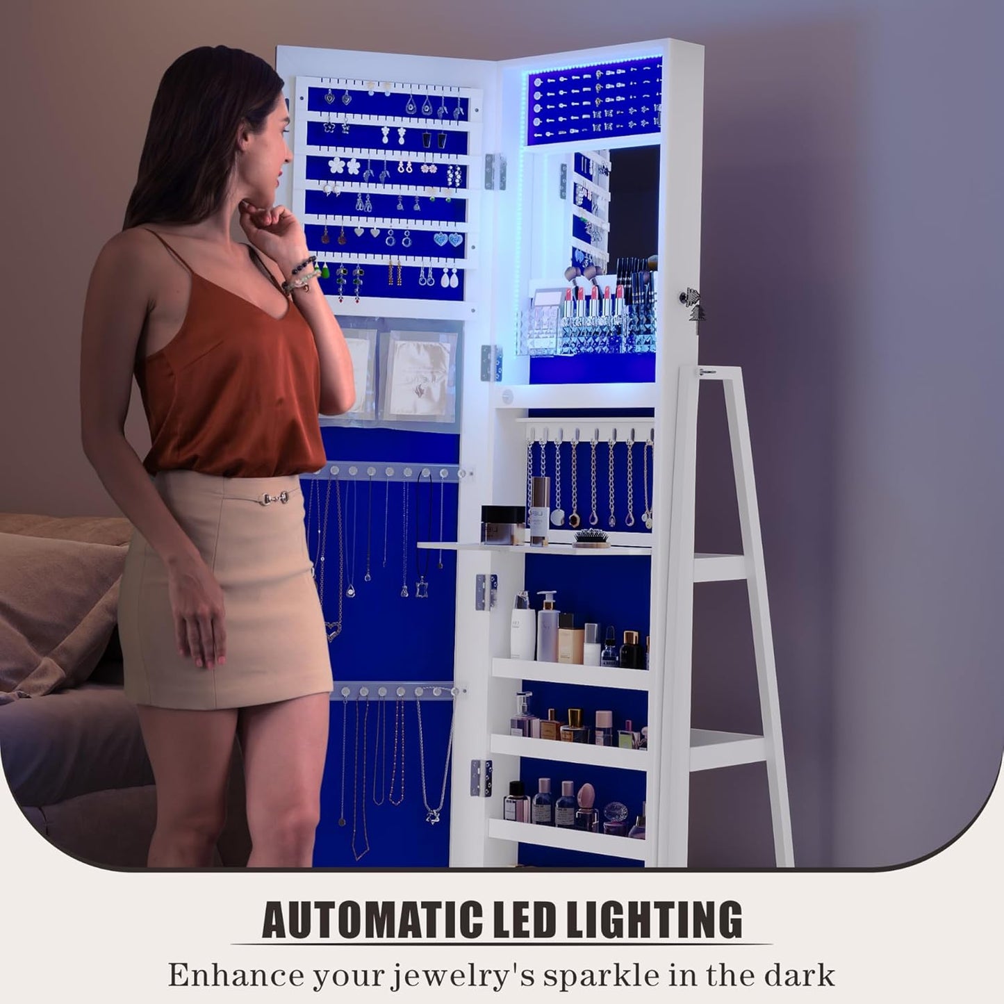 Freestanding Full-Length Mirror Jewelry Cabinet – 3-in-1 Organizer with LED Lights, Shelves & Lockable Design