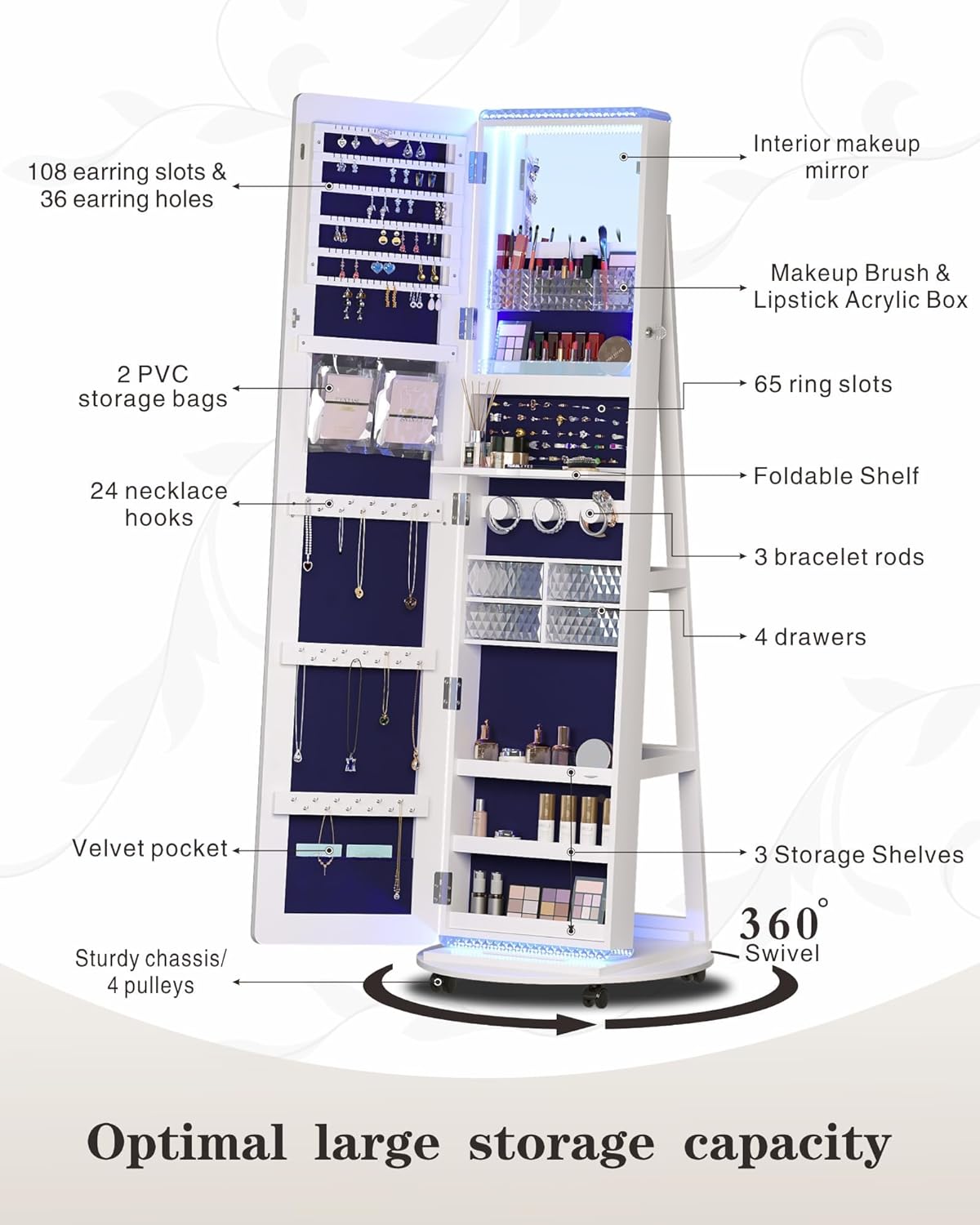 Freestanding Full-Length Mirror Jewelry Cabinet – 3-in-1 Organizer with LED Lights, Shelves & Lockable Design