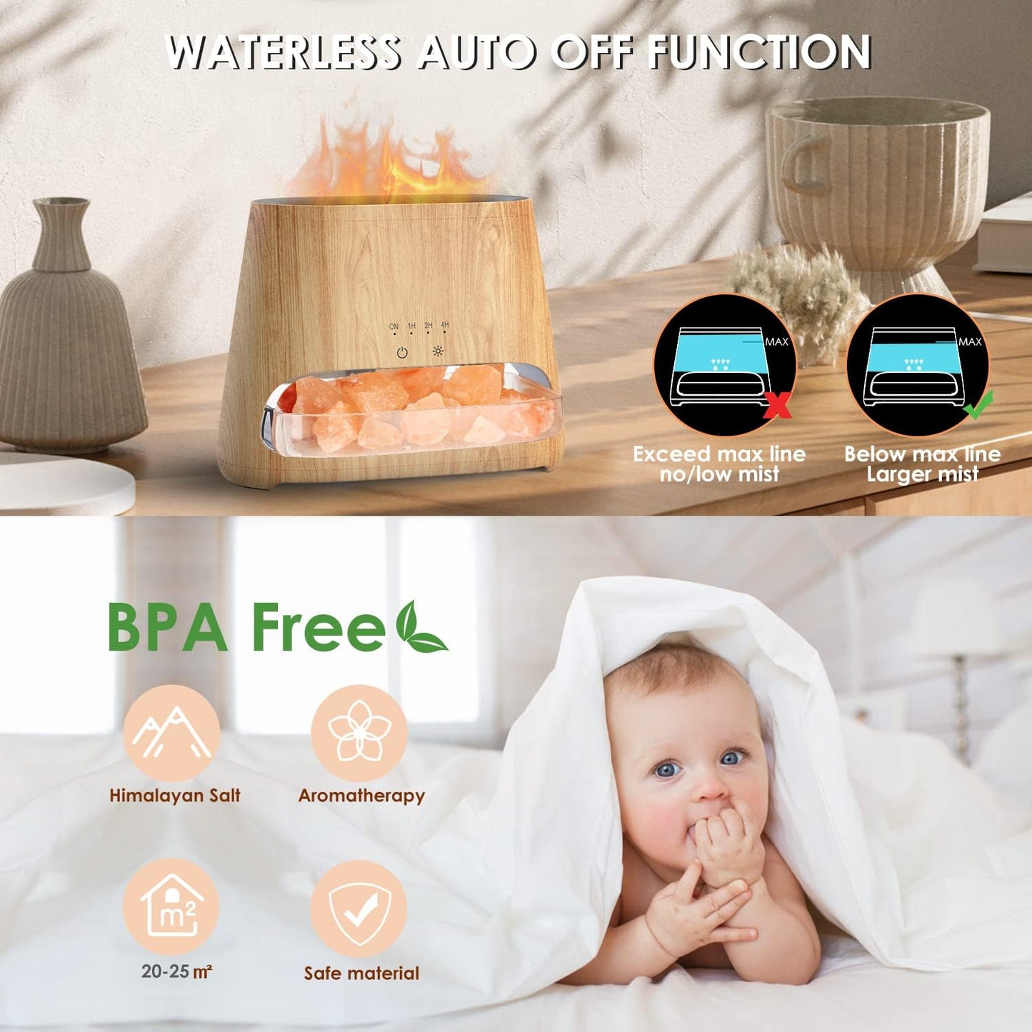 SALKING 2-in-1 Essential Oil Diffuser & Crystal Himalayan Salt Lamp, Ultrasonic Aromatherapy Diffuser with Timer Setting, Auto-Off Safety Switch, Cool Mist, Flame Effect, Night Light, 150ml