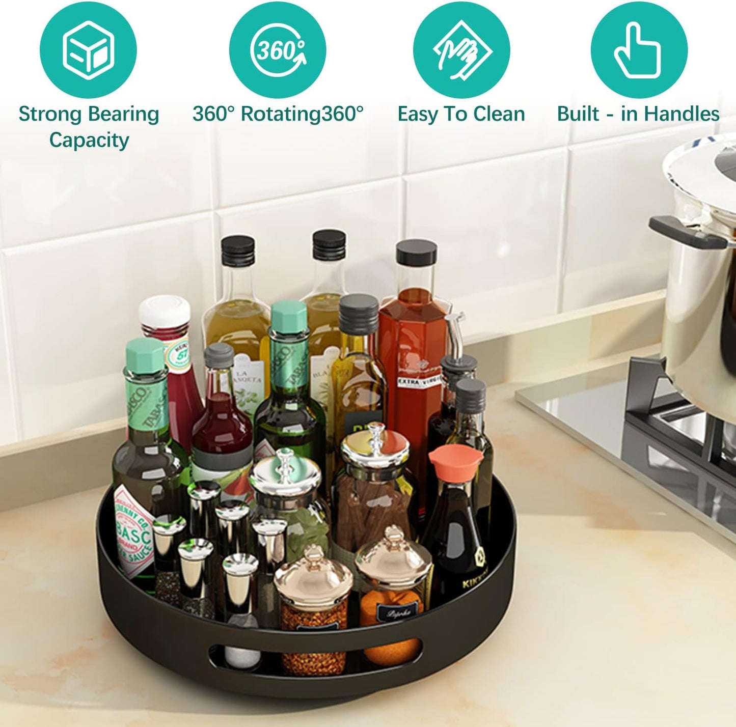 Lazy Susan 25cm Carbon Steel Lazy Susan Turntable Organizer for Cabinet, Black Lazy Susan for Table, Kitchen Corner Lazy Susan Cabinet Pantry Organizer