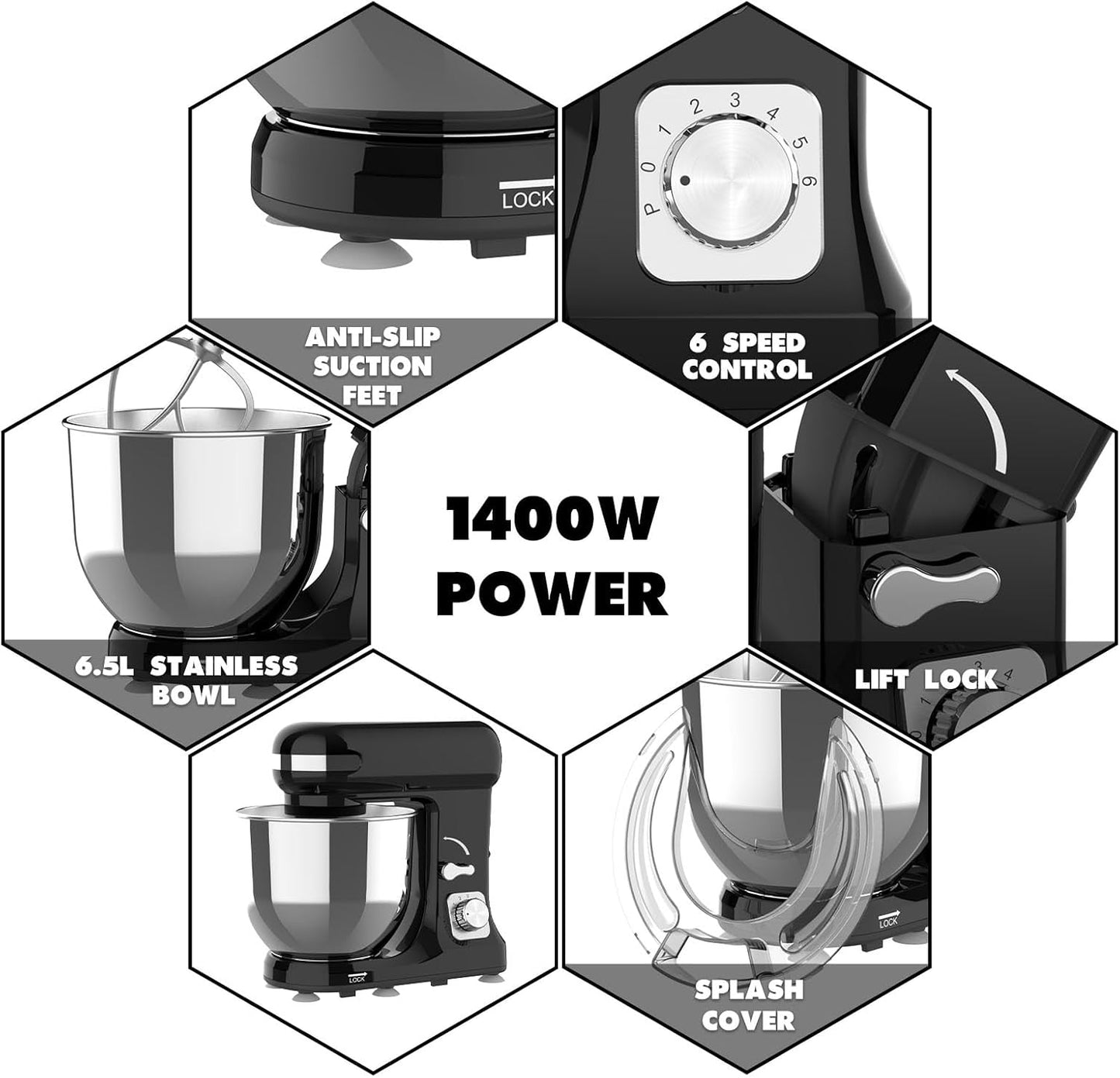1400W Stand Mixer | 6.5L Electric Food Mixer for Baking