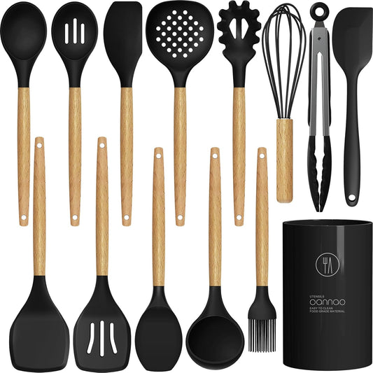 14-Piece Silicone Kitchen Utensil Set with Wooden Handles