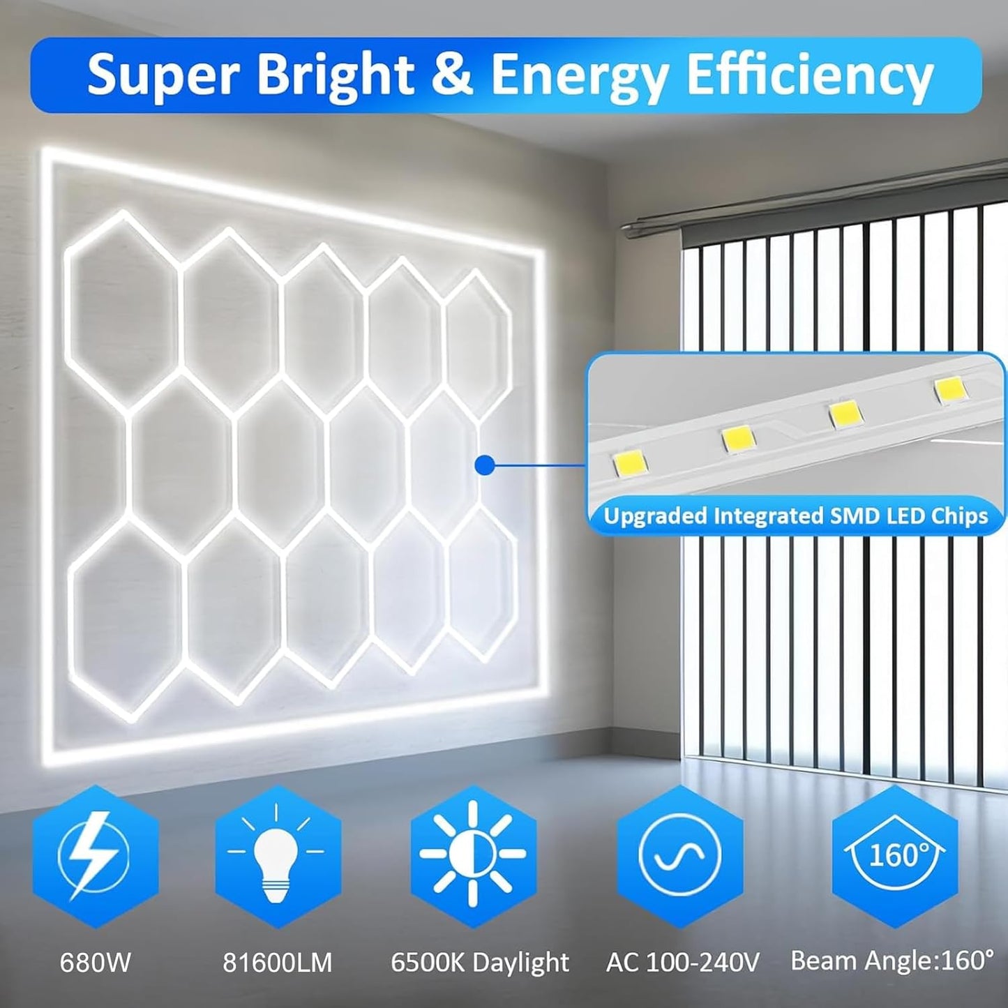 TONGLIN Hexagon Garage Light, 14 Grids 680W 81600 Lumens Hexagon Led Garage Light with Rectangle Frame 6500K for Garage, Basement, Warehouse, Auto Beauty Shop, Car Detailing Shop