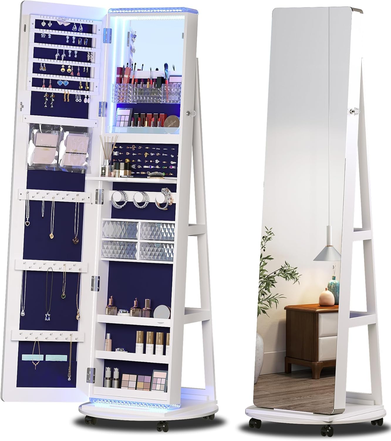 Freestanding Full-Length Mirror Jewelry Cabinet – 3-in-1 Organizer with LED Lights, Shelves & Lockable Design