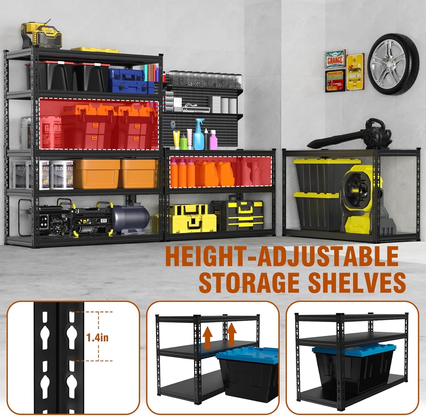 5 Tier Storage Shelves Metal Garage Shelving Unit for System Racks Storage Basement Storage Shelf Garage Storage Rack H150cm*W100cm* D40cm (Black)
