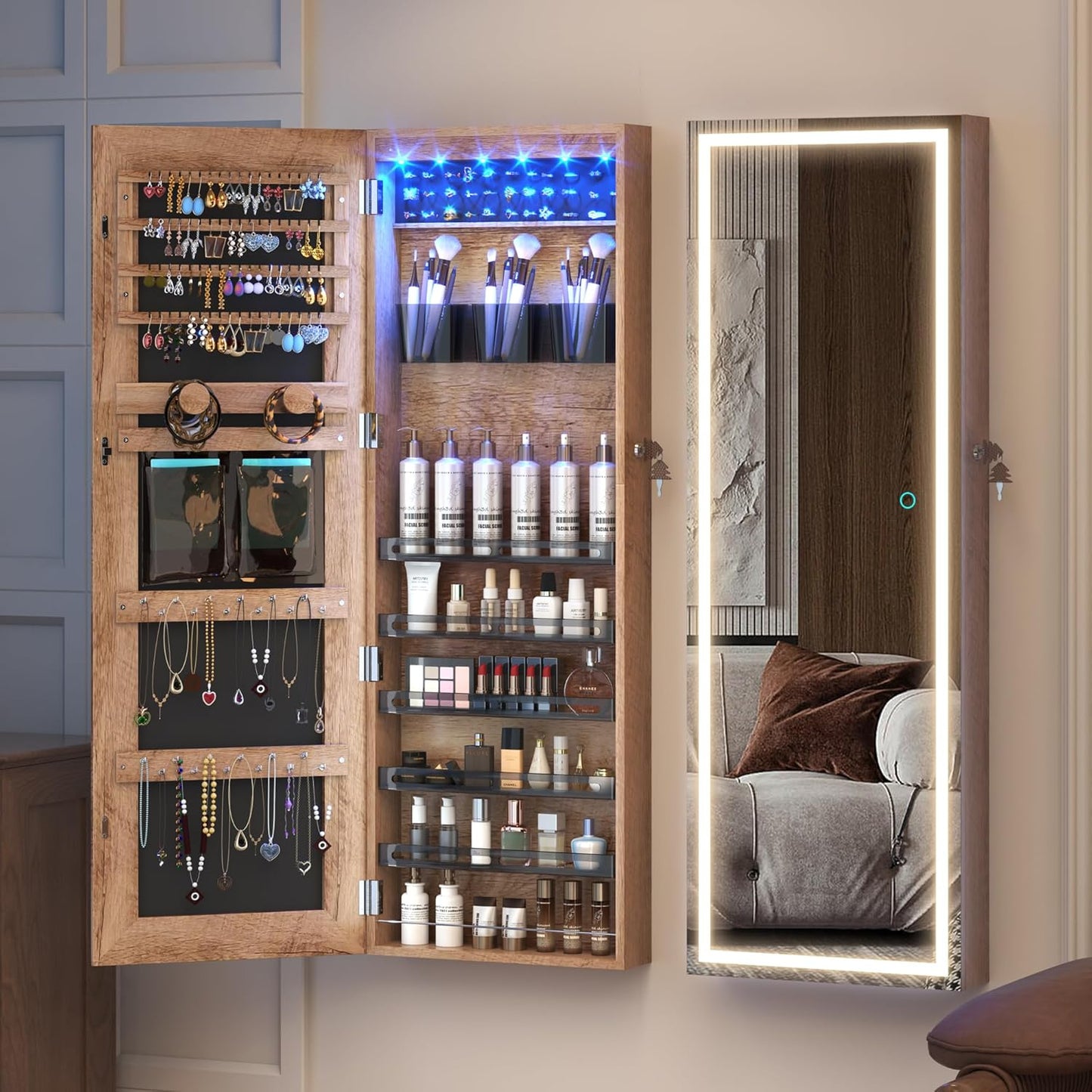 Freestanding Full-Length Mirror Jewelry Cabinet – 3-in-1 Organizer with LED Lights, Shelves & Lockable Design