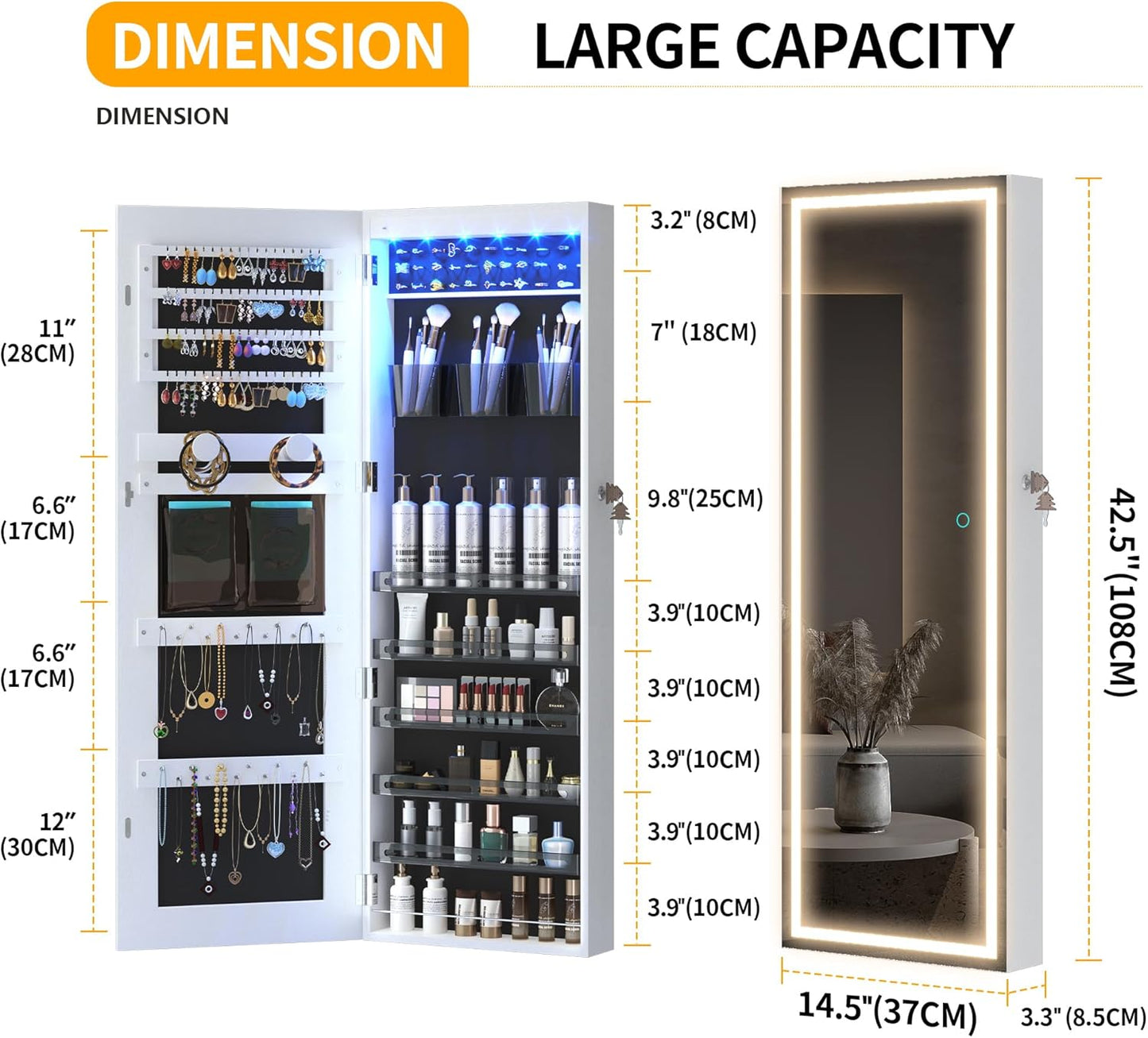Freestanding Full-Length Mirror Jewelry Cabinet – 3-in-1 Organizer with LED Lights, Shelves & Lockable Design