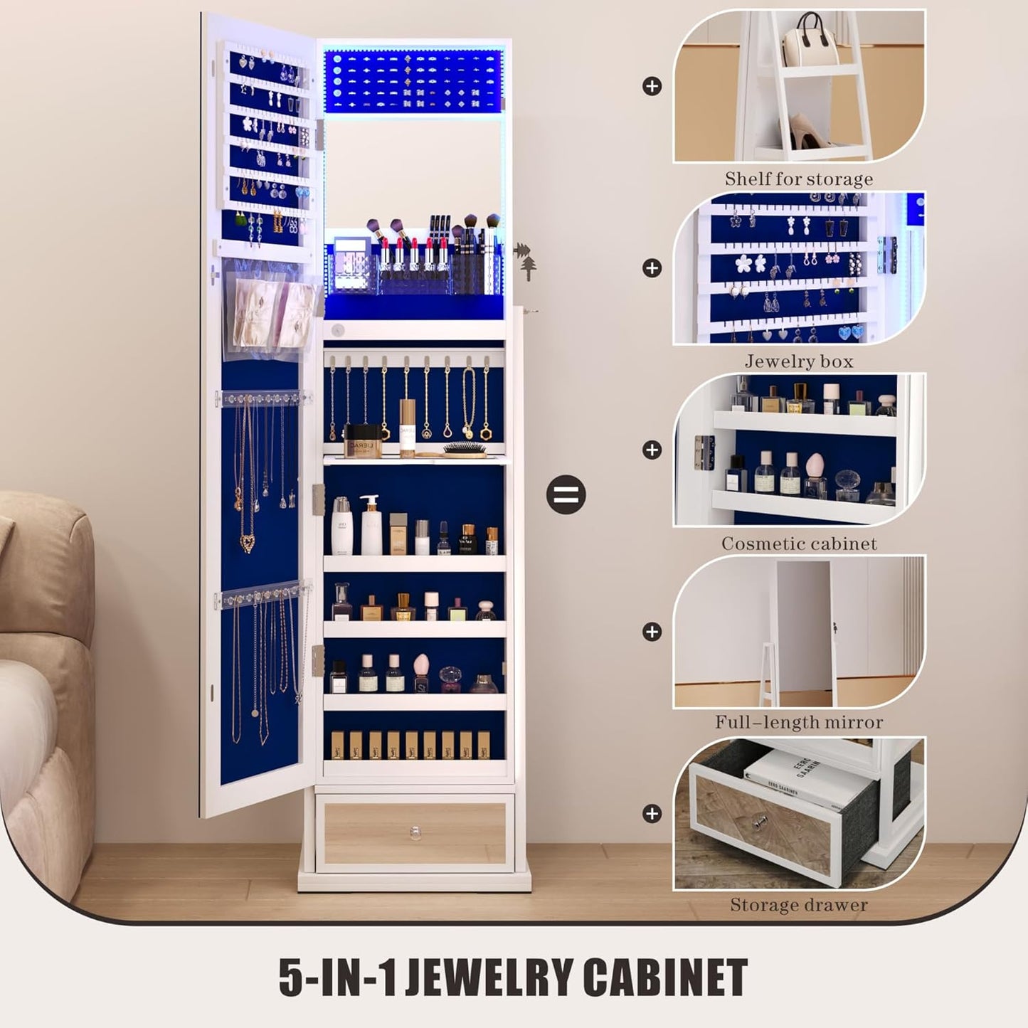 Freestanding Full-Length Mirror Jewelry Cabinet – 3-in-1 Organizer with LED Lights, Shelves & Lockable Design