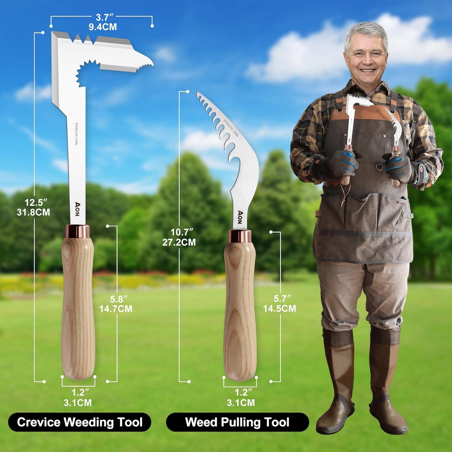 aon 2 Pack Hand Crack Weeder Puller Tool Set - Made with Heat Treated Steel and Ash Wood Ergonomic Handles, Weeding Tools Ideal for Gardens and Patio Lawns to Effectively Pull Out Weeds & Their Roots